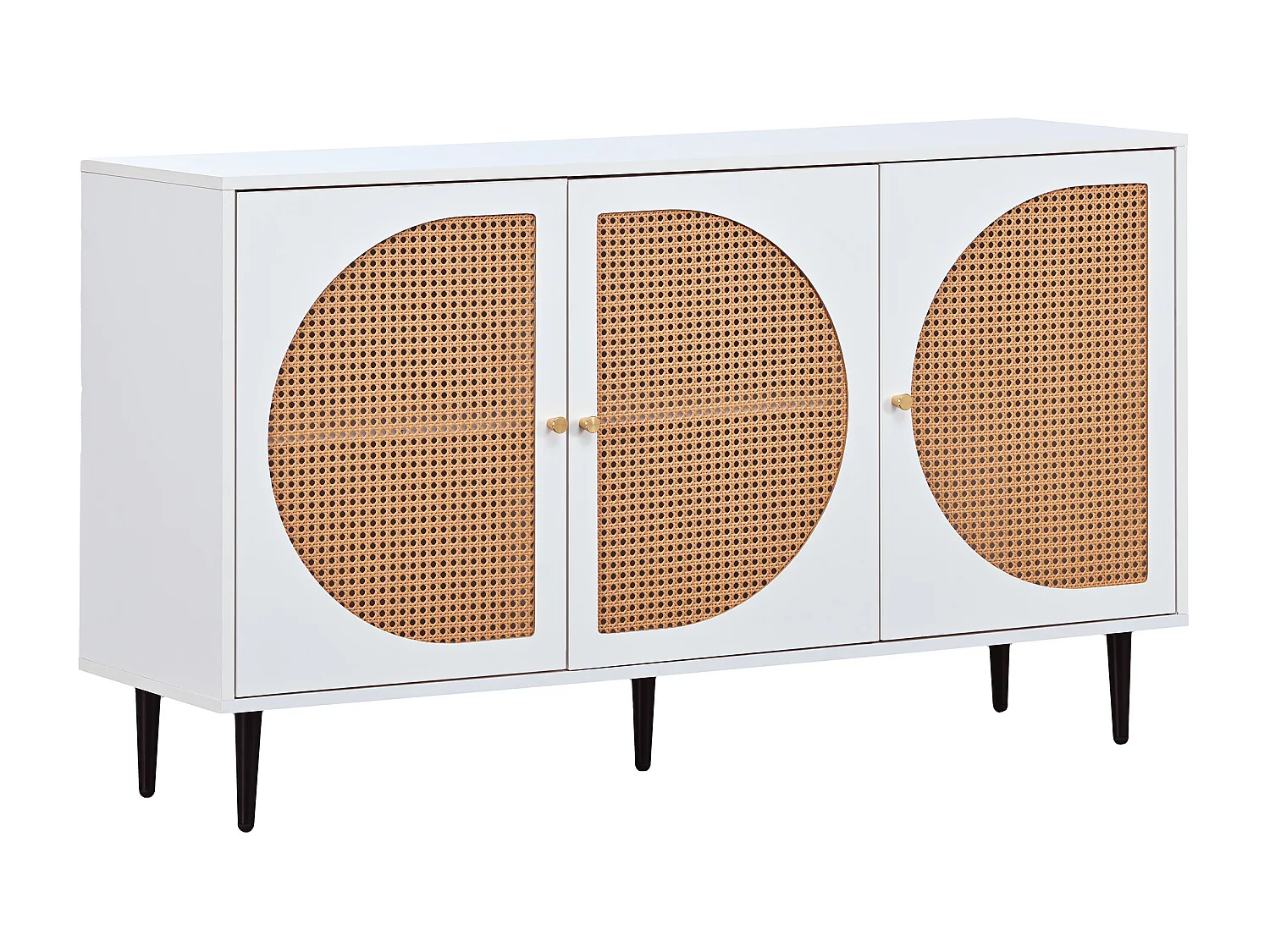 Niedriges Sideboard mit 3 Türen, dekoriert mit Rattan, Spanplatte, Vintage-Stil, Weiß und Eiche, 129,8 x 40 x 76 cm