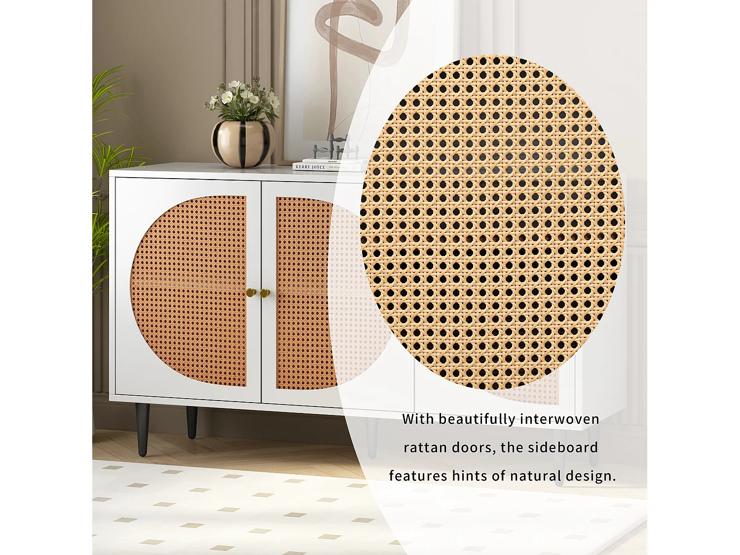 Niedriges Sideboard mit 3 Türen, dekoriert mit Rattan, Spanplatte, Vintage-Stil, Weiß und Eiche, 129,8 x 40 x 76 cm