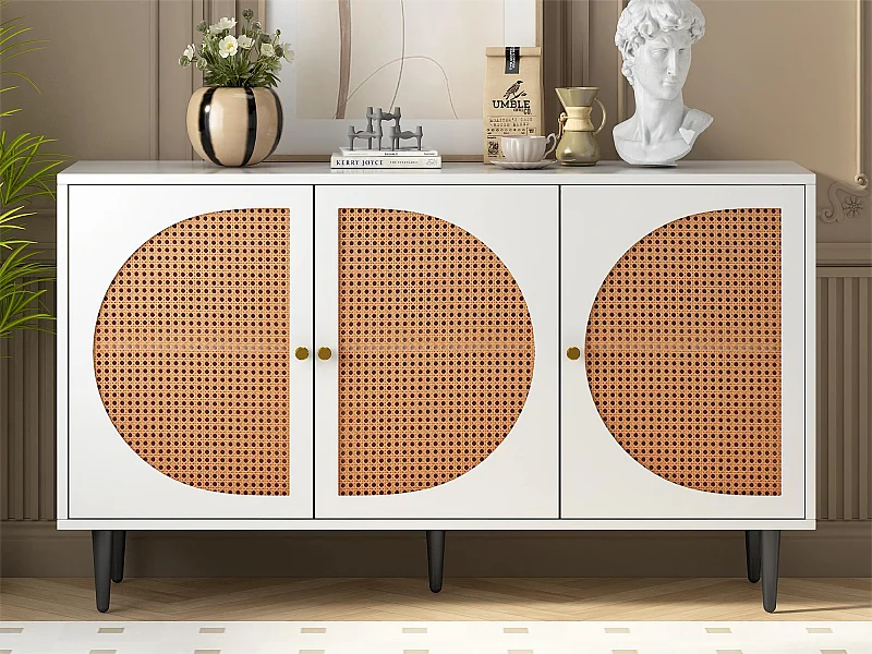 Buffet bas avec 3 portes décorées en rotin, panneaux de particules, style vintage, blanc et chêne, 129,8x 40x 76cm