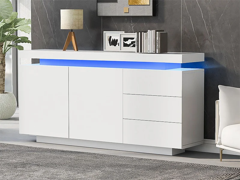 Aparador bajo con 2 puertas y 3 cajones - aparador alto brillo con luz LED - tablero de partículas - blanco