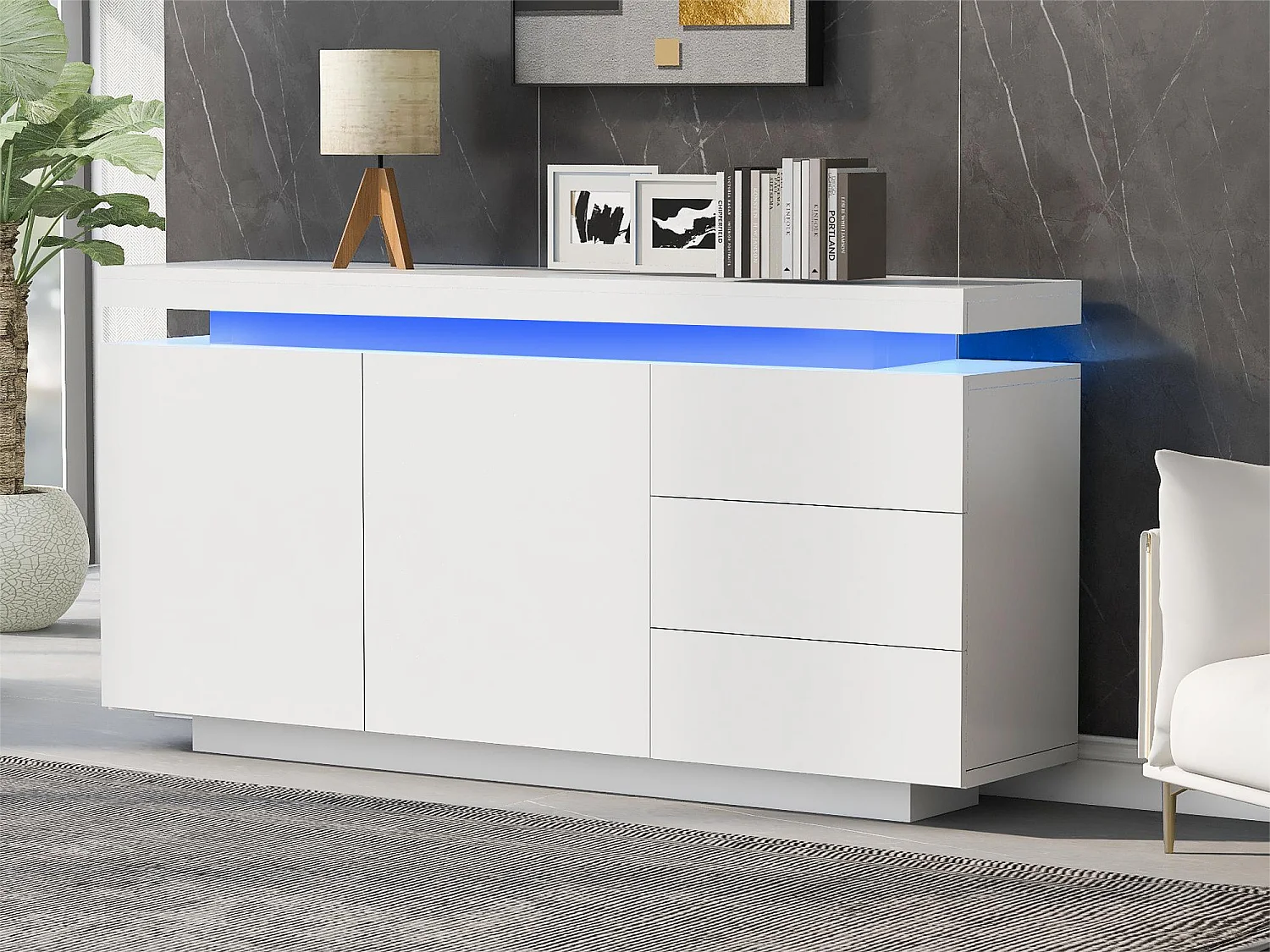 Aparador baixo com 2 portas 3 gavetas - aparador brilhante com luz LED - aglomerado - branco