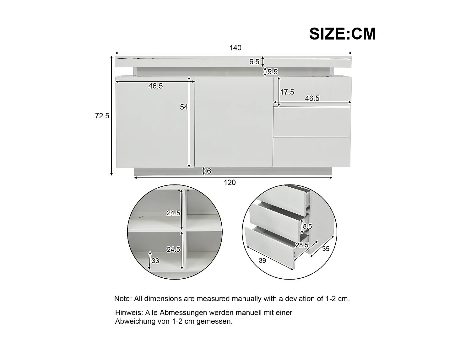 Aparador baixo com 2 portas 3 gavetas - aparador brilhante com luz LED - aglomerado - branco
