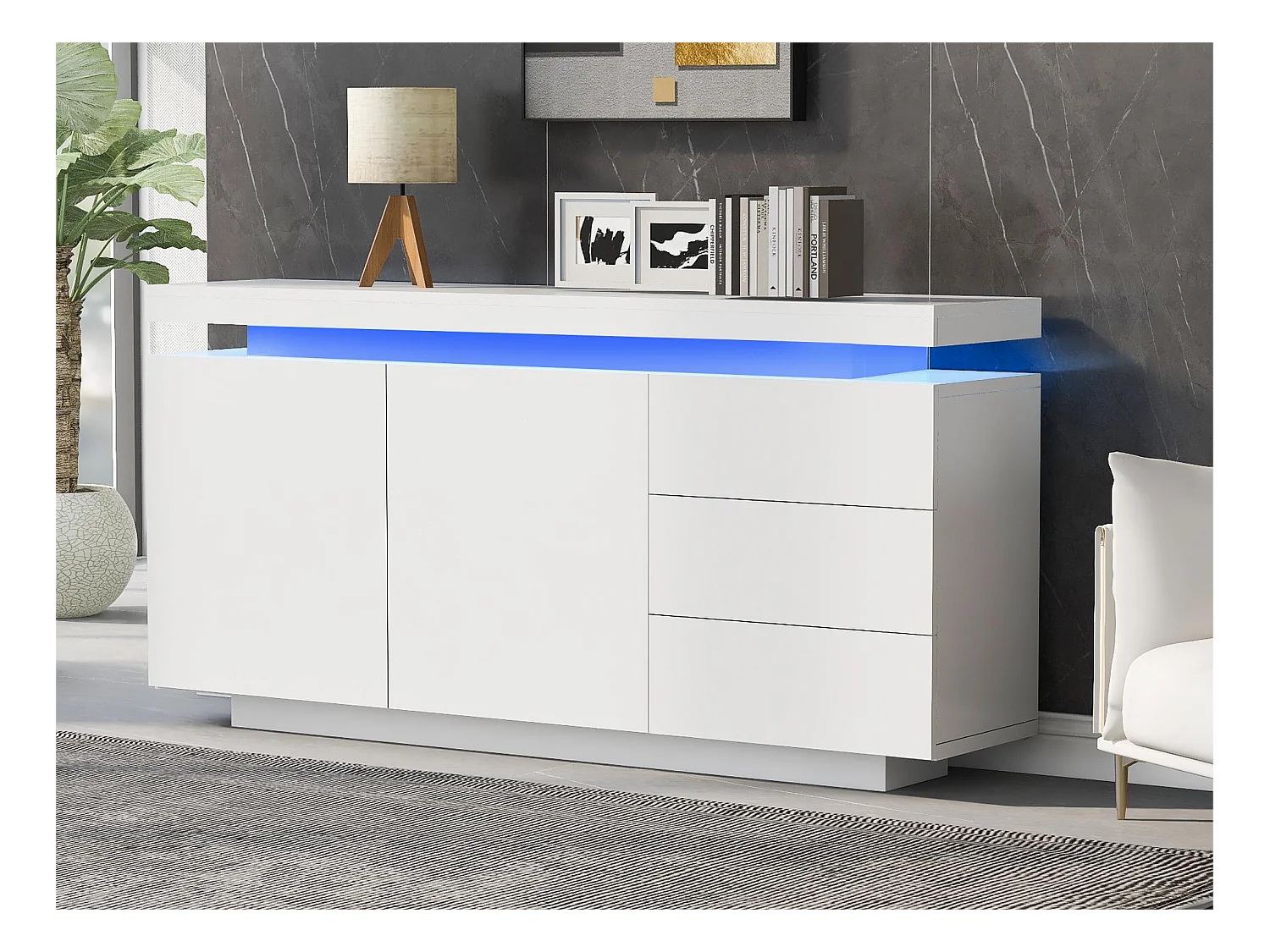 Buffet bas avec 2 portes 3 tiroirs - buffet brillant avec lumière LED - panneaux de particules - blanc