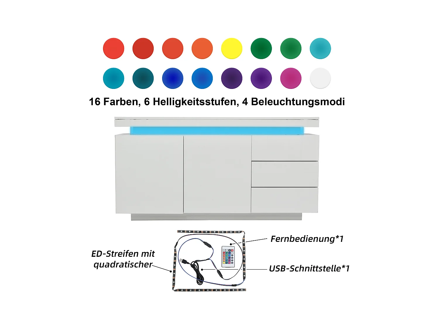 Aparador bajo con 2 puertas y 3 cajones - aparador alto brillo con luz LED - tablero de partículas - blanco
