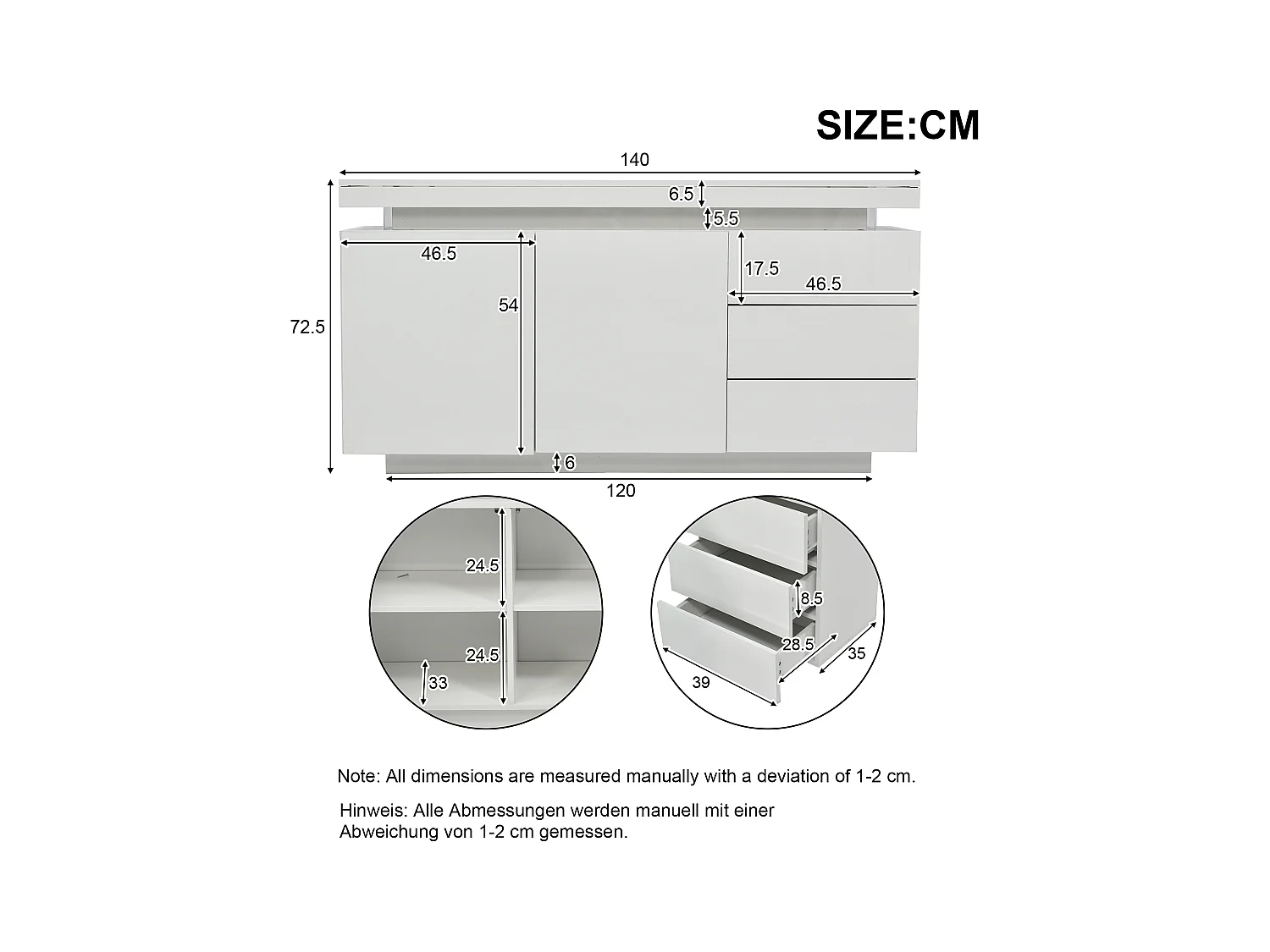 Aparador bajo con 2 puertas y 3 cajones - aparador alto brillo con luz LED - tablero de partículas - blanco
