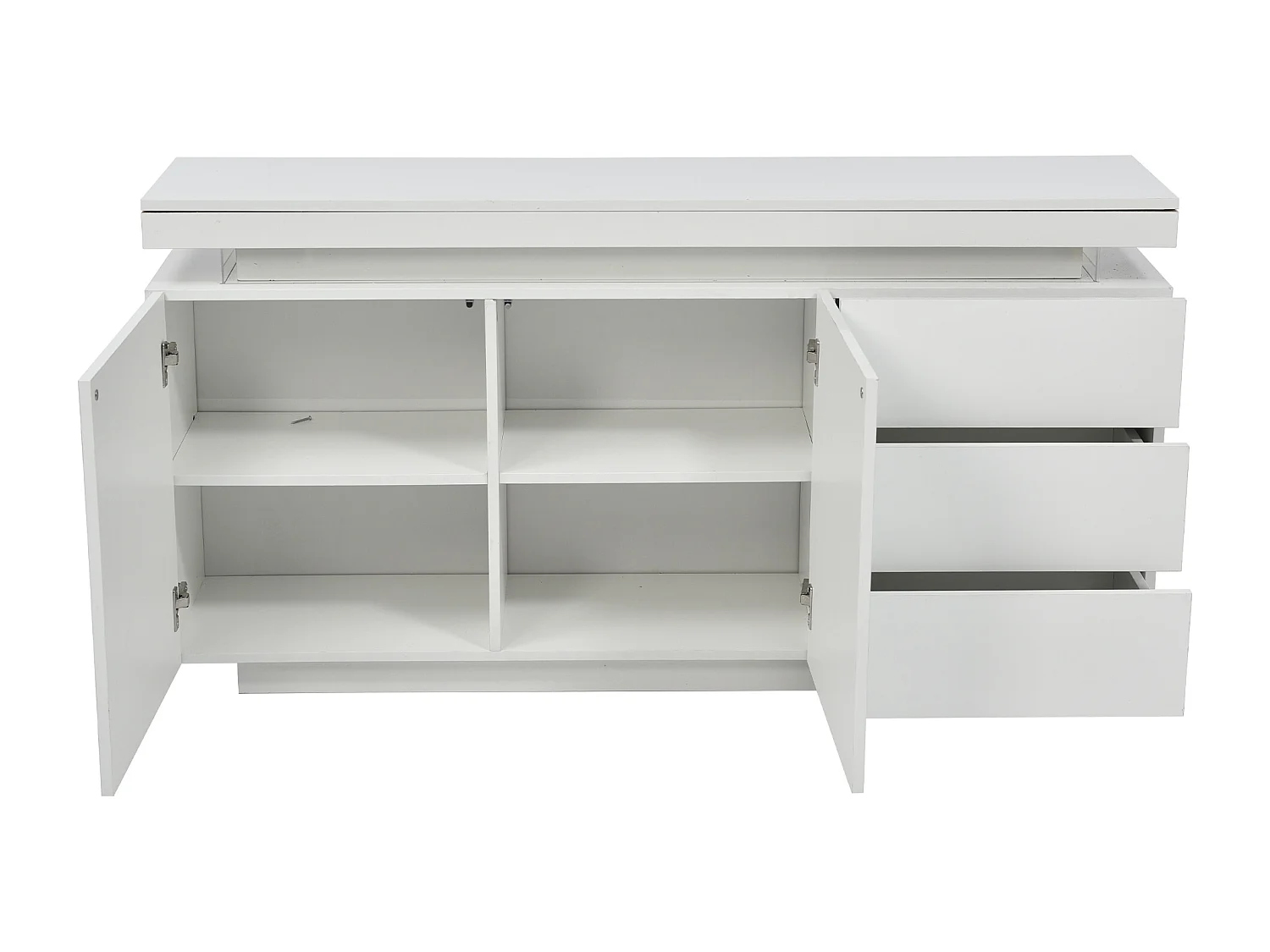 Buffet bas avec 2 portes 3 tiroirs - buffet brillant avec lumière LED - panneaux de particules - blanc