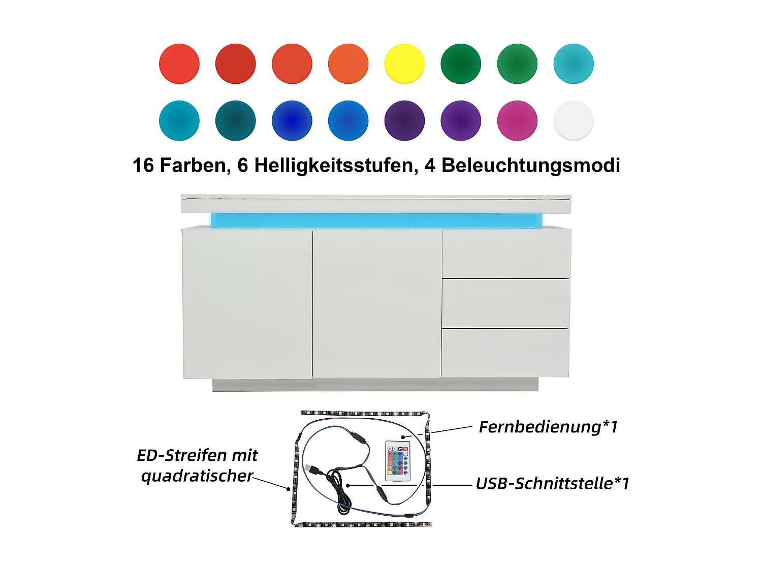 Buffet bas avec 2 portes 3 tiroirs - buffet brillant avec lumière LED - panneaux de particules - blanc