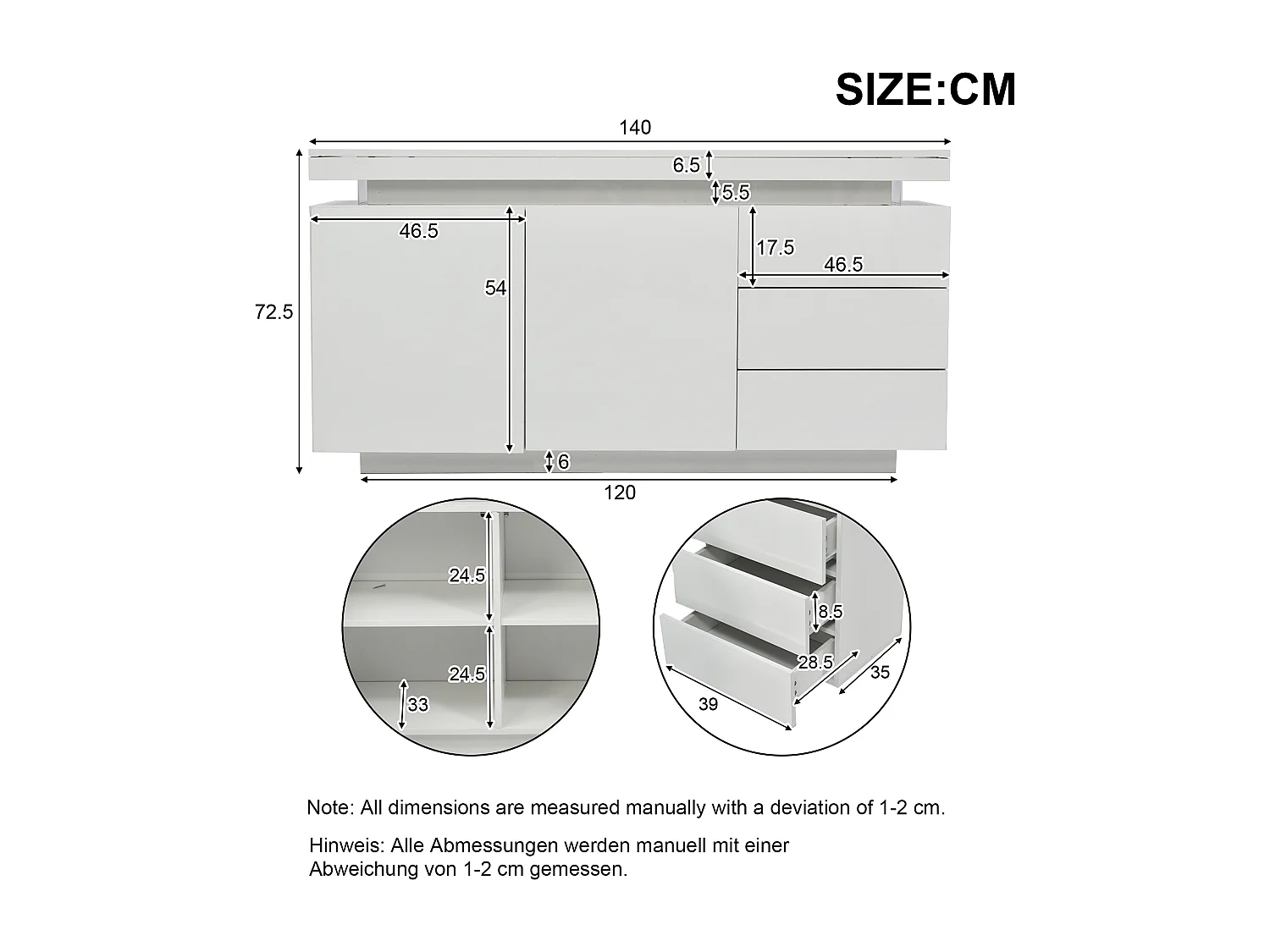 Buffet bas avec 2 portes 3 tiroirs - buffet brillant avec lumière LED - panneaux de particules - blanc