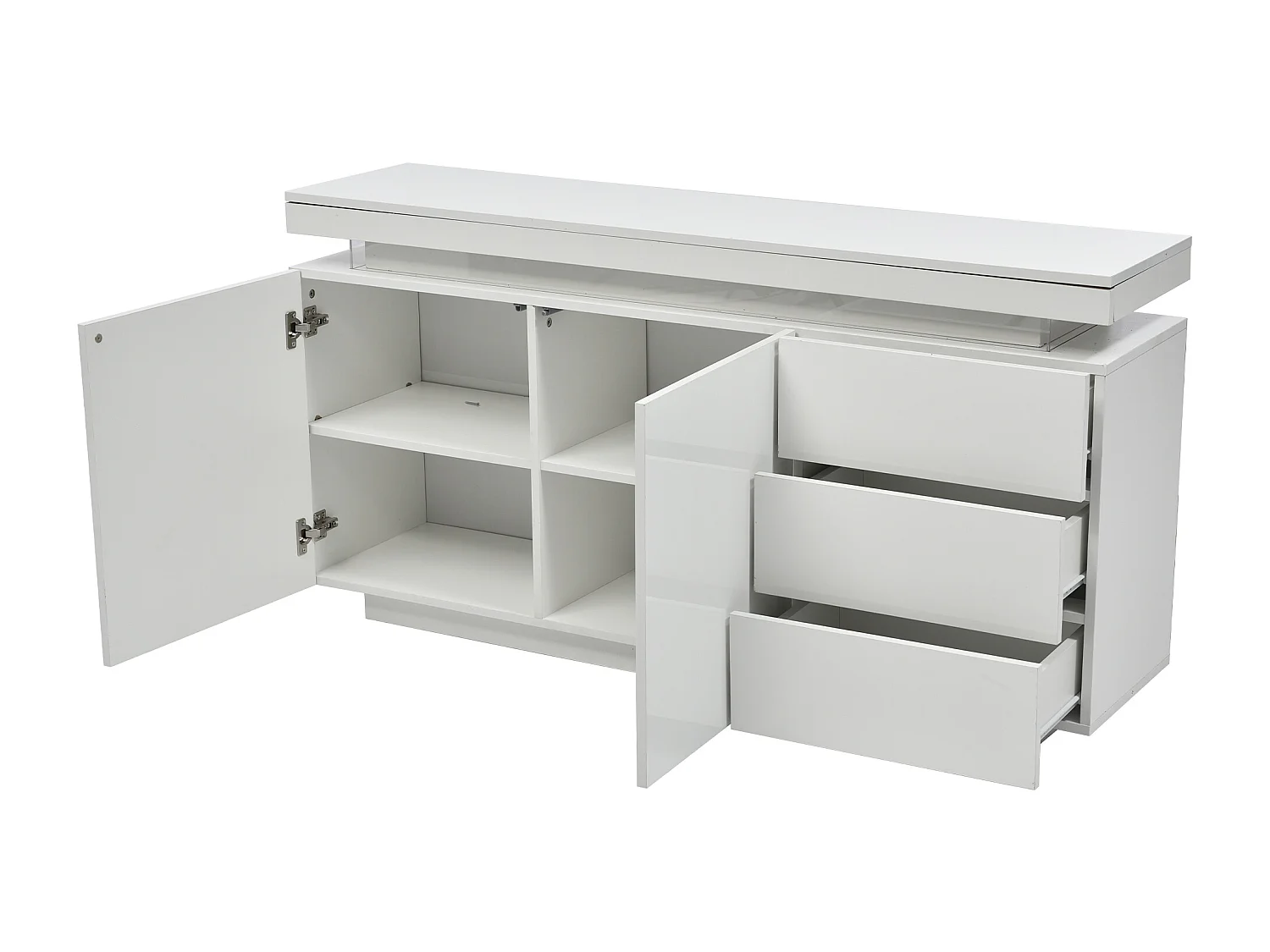 Buffet bas avec 2 portes 3 tiroirs - buffet brillant avec lumière LED - panneaux de particules - blanc