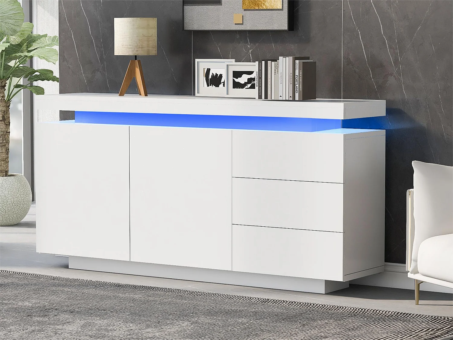 Aparador baixo com 2 portas 3 gavetas - aparador brilhante com luz LED - aglomerado - branco