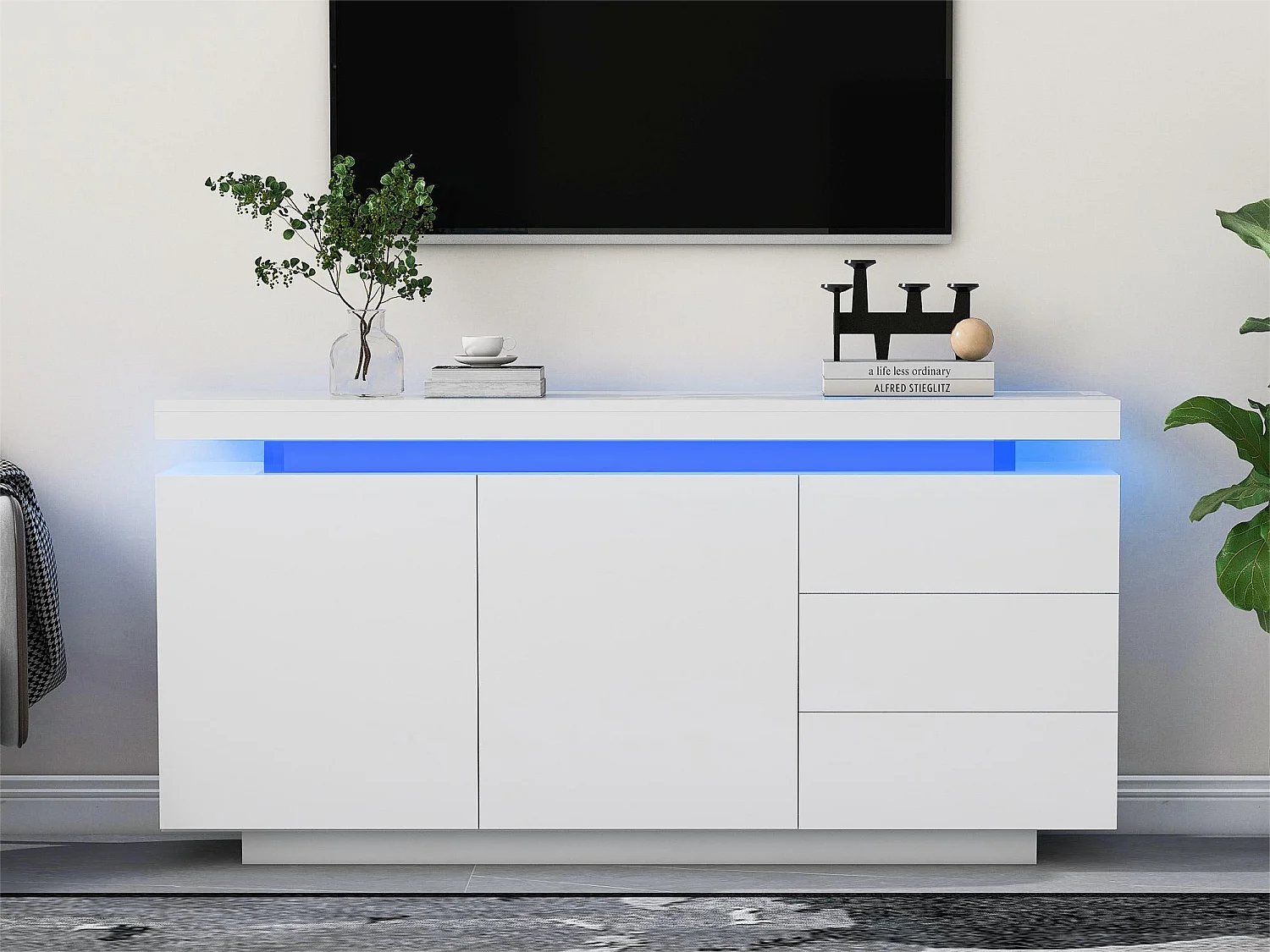 Buffet bas avec 2 portes 3 tiroirs - buffet brillant avec lumière LED - panneaux de particules - blanc