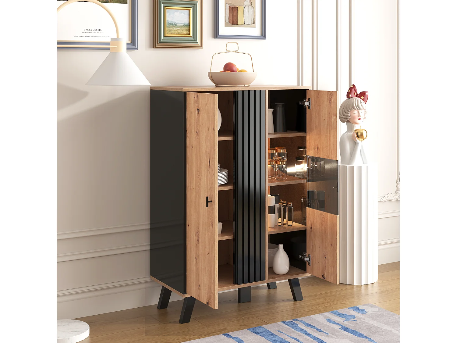 Aparador alto con 2 puertas - LEDs - Efecto cristal y madera - Vintage - Colores: roble y negro