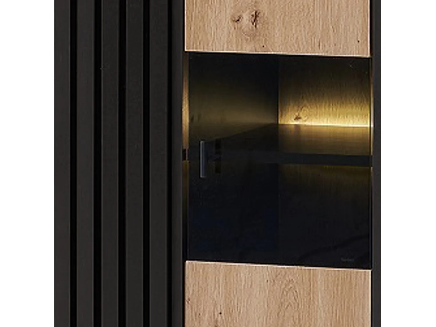 Aparador alto con 2 puertas - LEDs - Efecto cristal y madera - Vintage - Colores: roble y negro