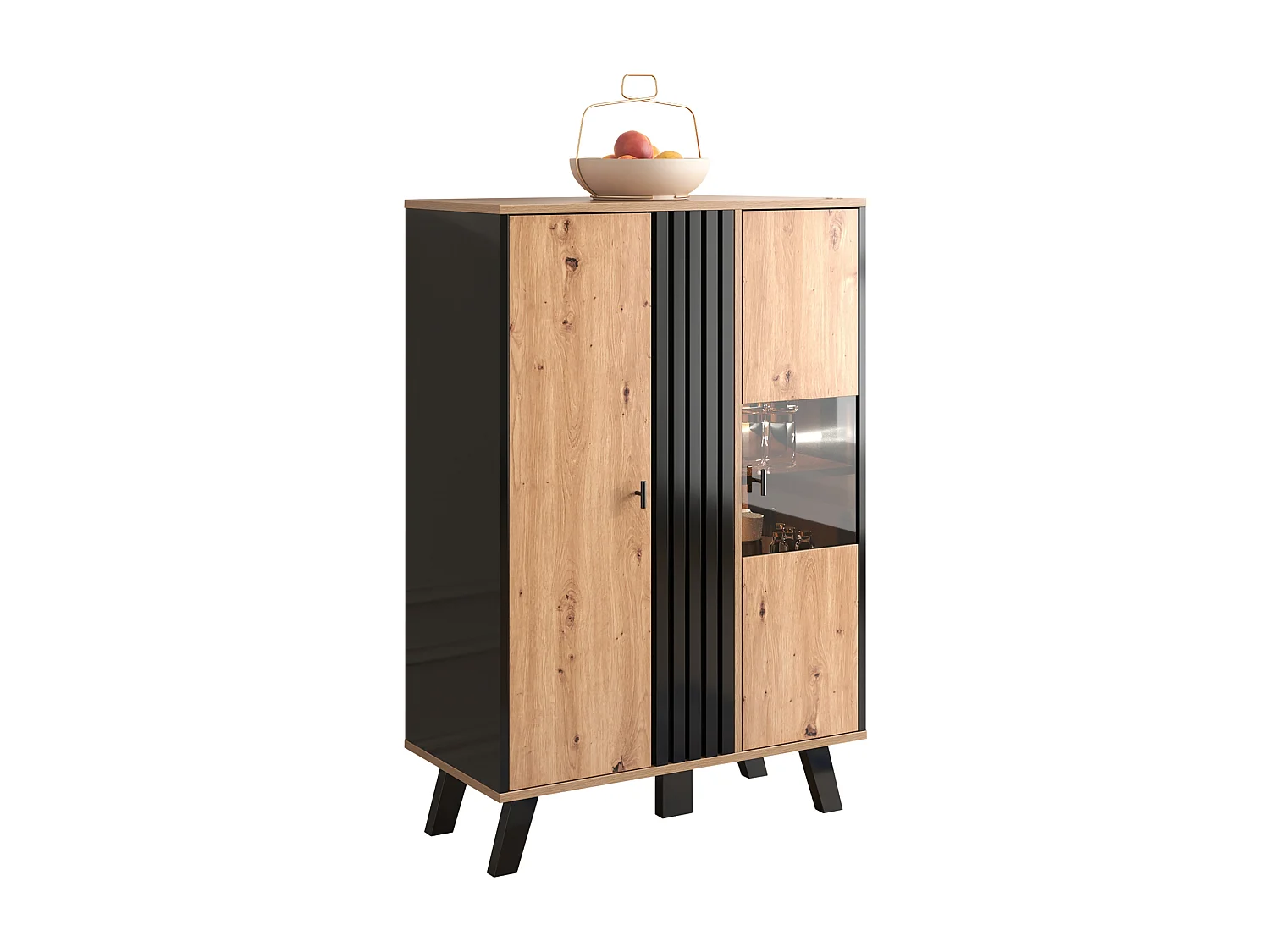 Aparador alto con 2 puertas - LEDs - Efecto cristal y madera - Vintage - Colores: roble y negro