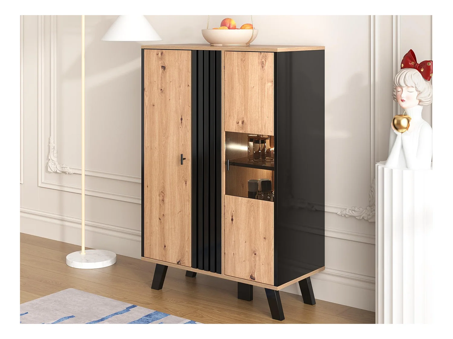 Hoge dressoir met 2 deuren - LED's - Glas- en houteffect - Vintage - Kleuren: eiken en zwart