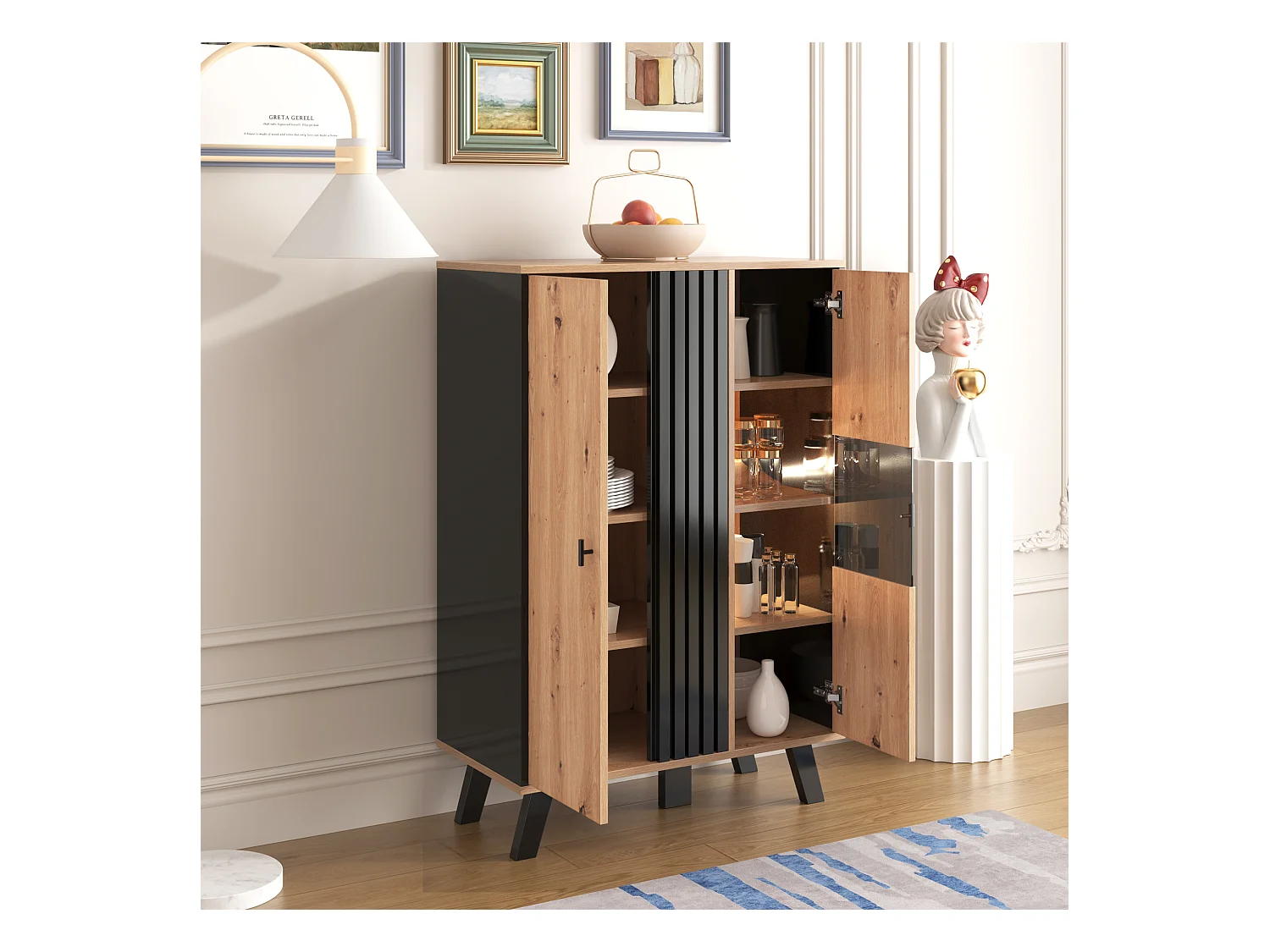 Wysoka komoda z 2 drzwiami - LED-y - Efekt szkła i drewna - Vintage - Kolory: dąb i czarny