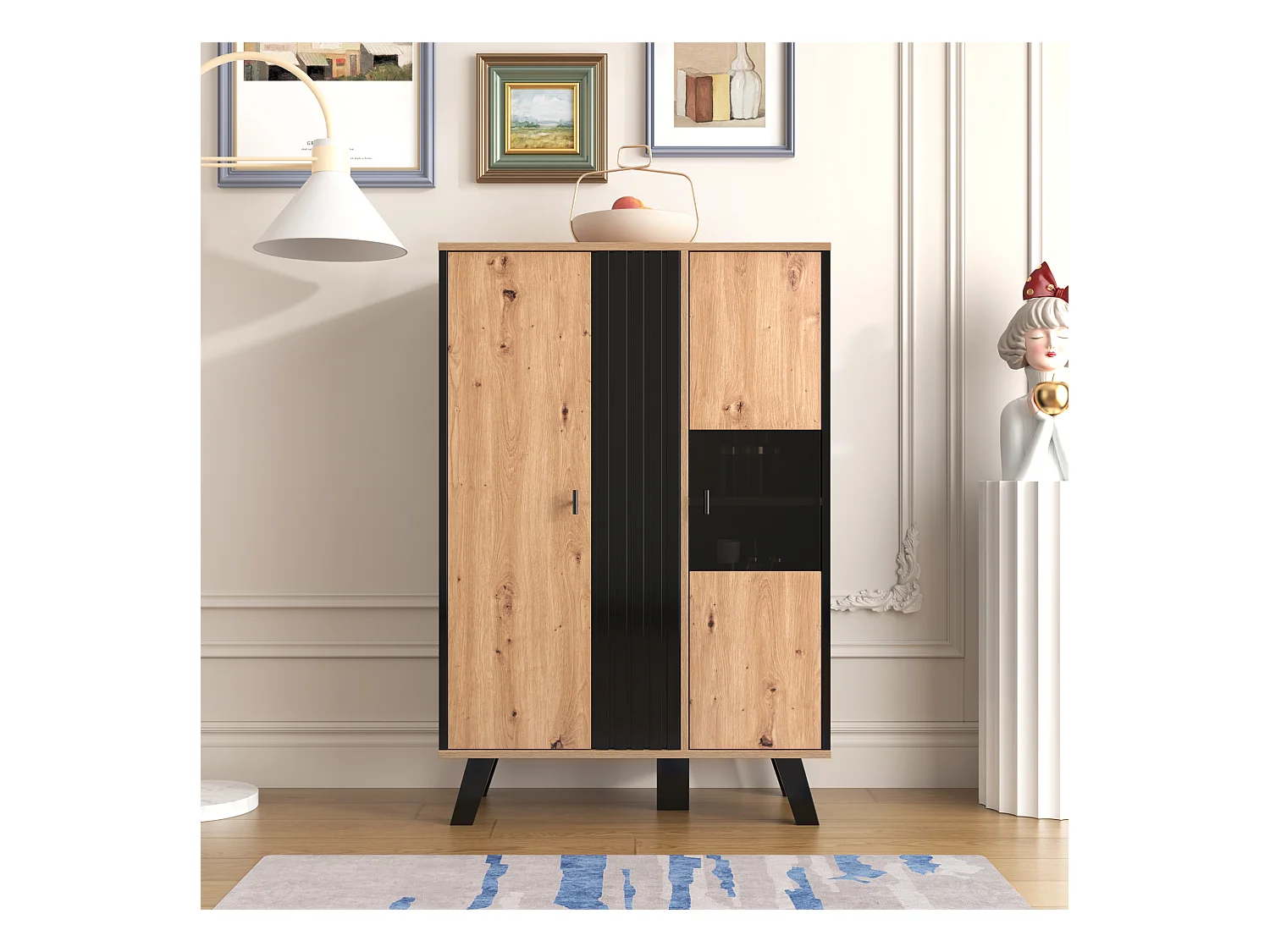 Wysoka komoda z 2 drzwiami - LED-y - Efekt szkła i drewna - Vintage - Kolory: dąb i czarny