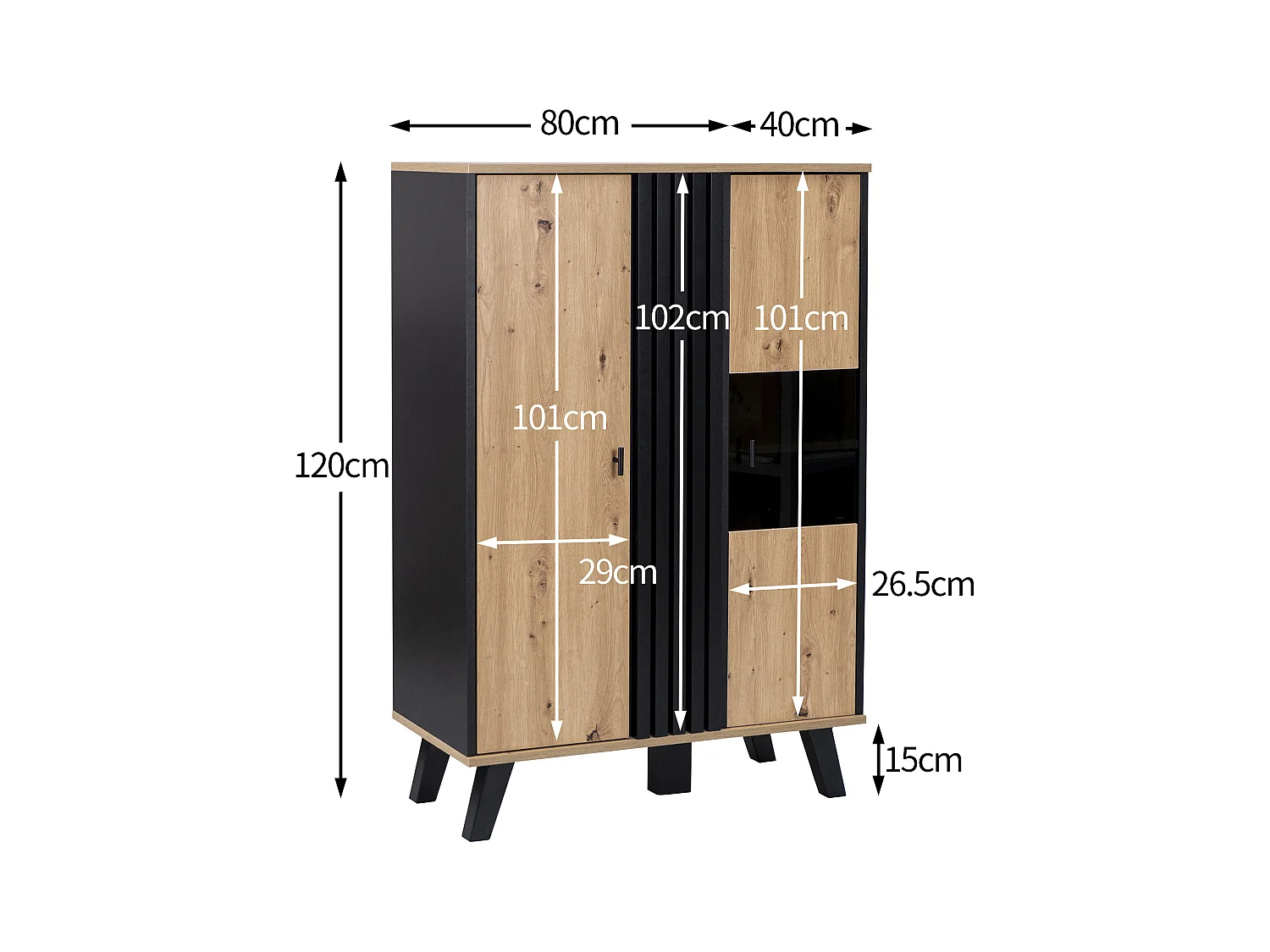 Wysoka komoda z 2 drzwiami - LED-y - Efekt szkła i drewna - Vintage - Kolory: dąb i czarny