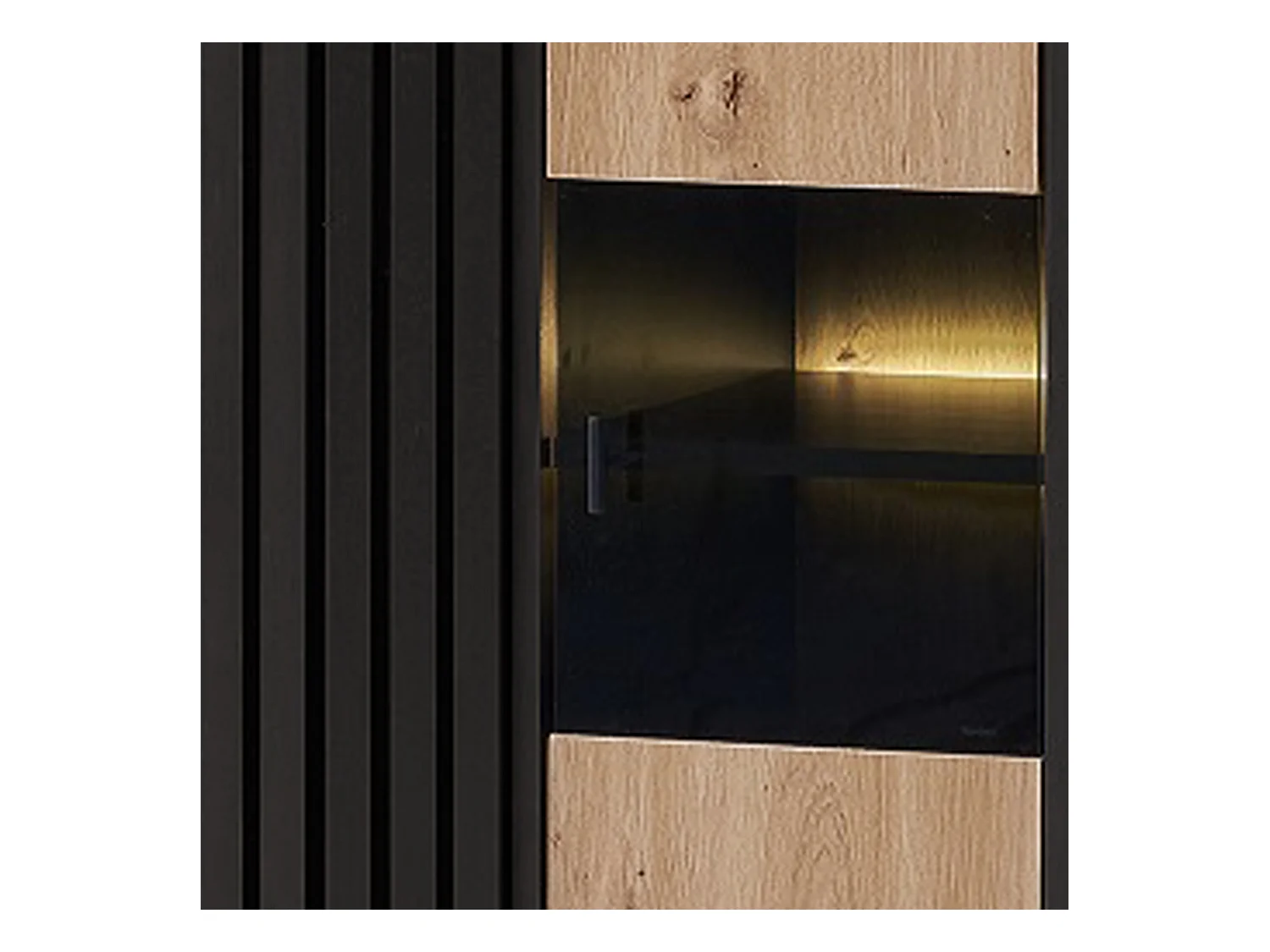 Wysoka komoda z 2 drzwiami - LED-y - Efekt szkła i drewna - Vintage - Kolory: dąb i czarny