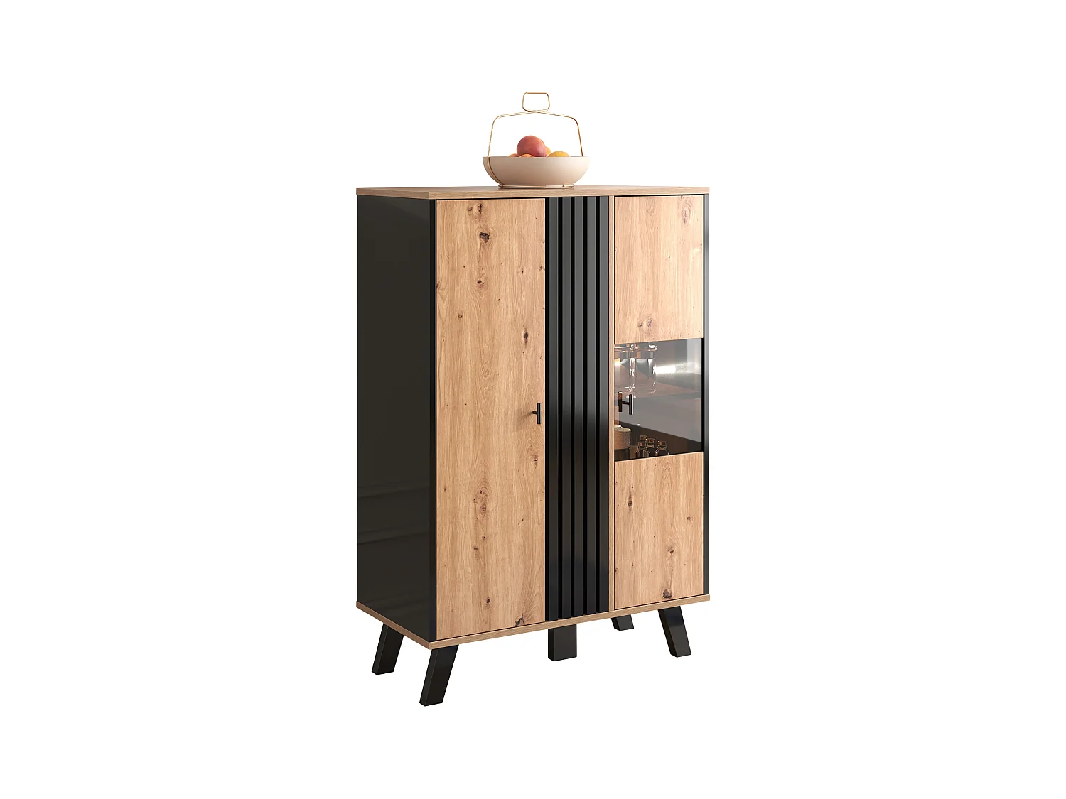 Wysoka komoda z 2 drzwiami - LED-y - Efekt szkła i drewna - Vintage - Kolory: dąb i czarny