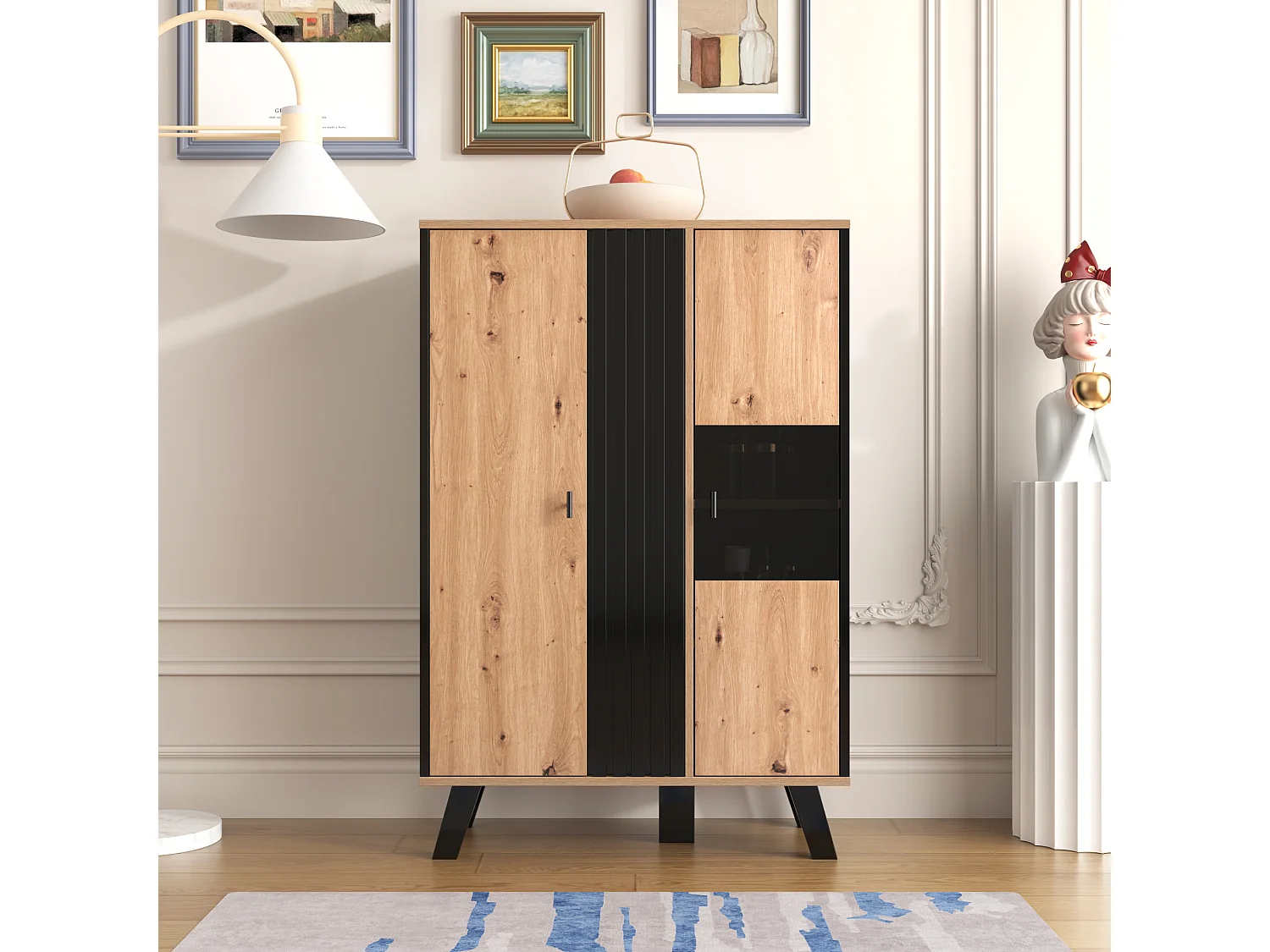 Hoge dressoir met 2 deuren - LED's - Glas- en houteffect - Vintage - Kleuren: eiken en zwart