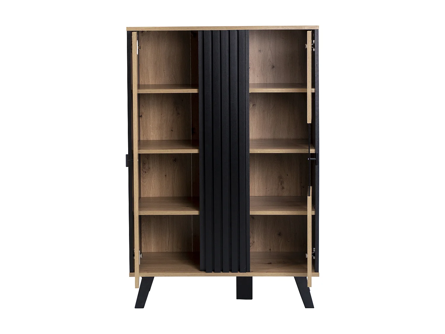 Hoge dressoir met 2 deuren - LED's - Glas- en houteffect - Vintage - Kleuren: eiken en zwart