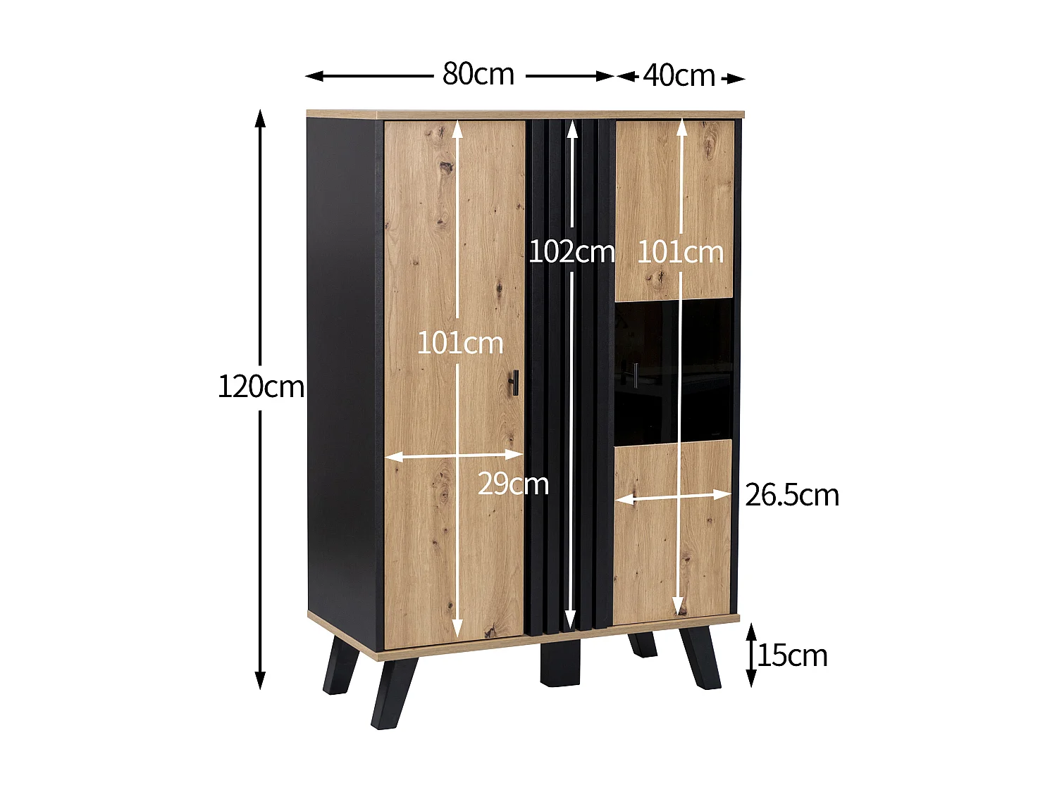 Hoge dressoir met 2 deuren - LED's - Glas- en houteffect - Vintage - Kleuren: eiken en zwart