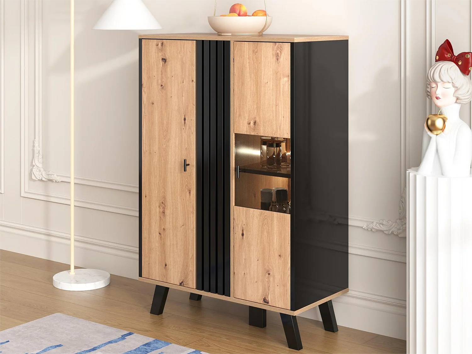 Buffet haut avec 2 portes - LEDs - Verre et effet bois - Vintage - Coloris: chêne et noir