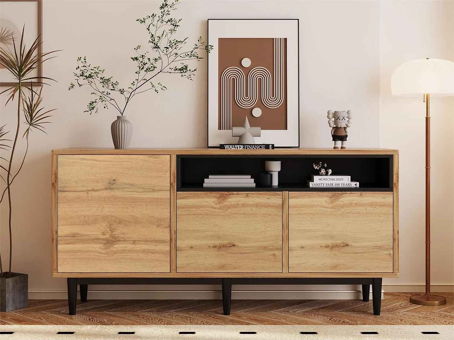 Modernes Sideboard mit 3 Türen und Regal – MDF-Holz – natürliche und schwarze Farbe – 160 x 35 x 76 cm