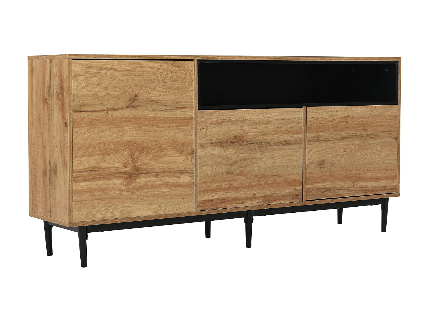 Modernes Sideboard mit 3 Türen und Regal – MDF-Holz – natürliche und schwarze Farbe – 160 x 35 x 76 cm