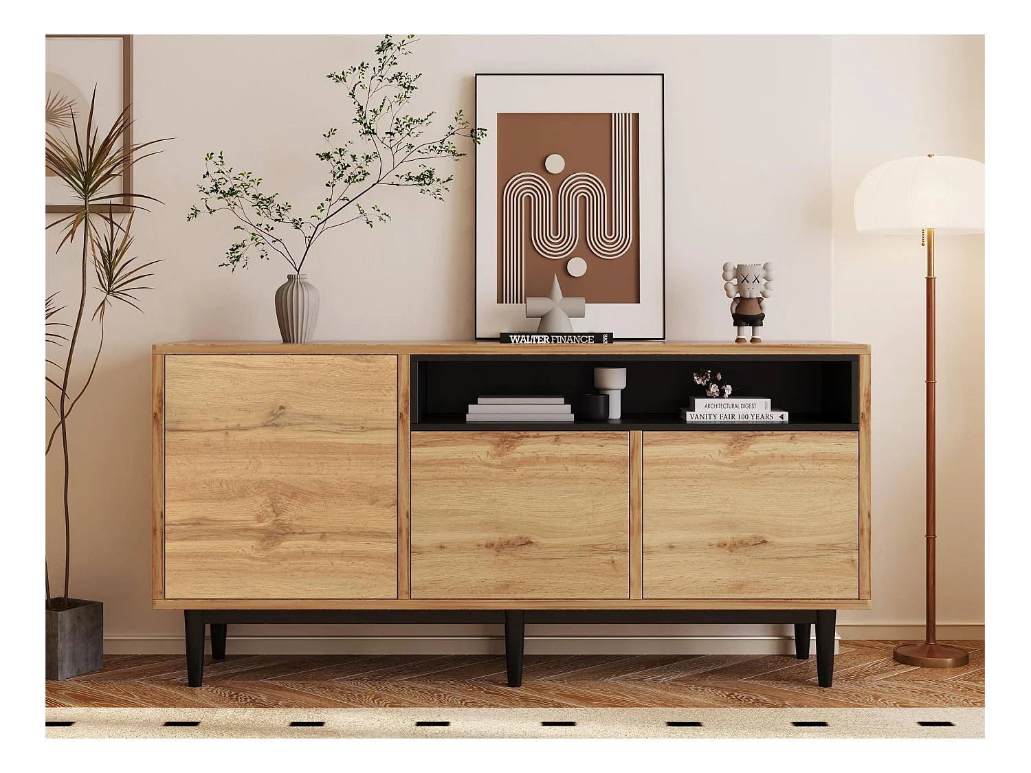 Buffet moderne avec 3 portes et étagère - Bois MDF - coloris naturel et noir - 160 x 35 x 76 cm