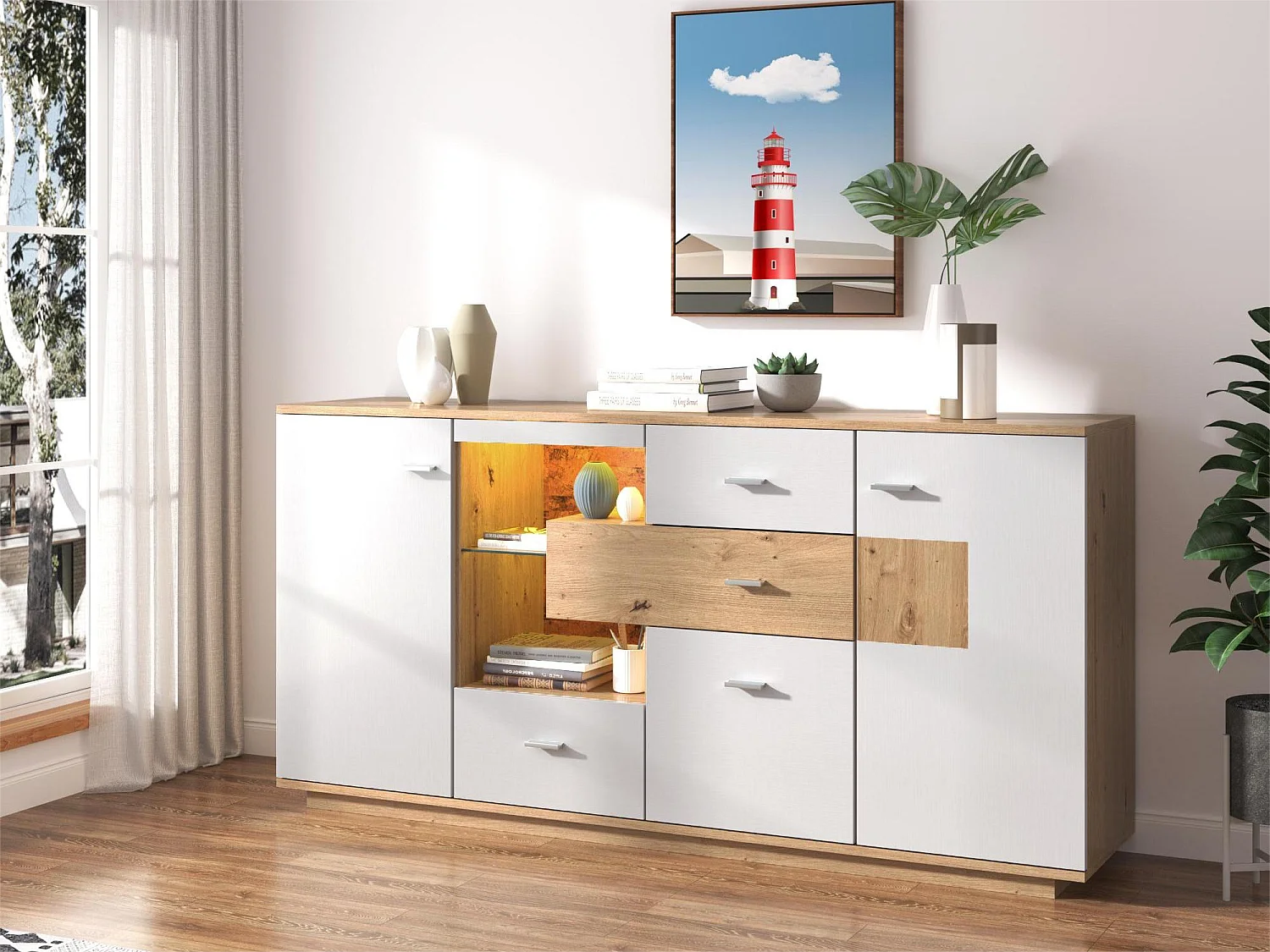 Aparador con 2 puertas y 4 cajones - estante de cristal - LEDs - colores: blanco y roble - 160x40x77cm