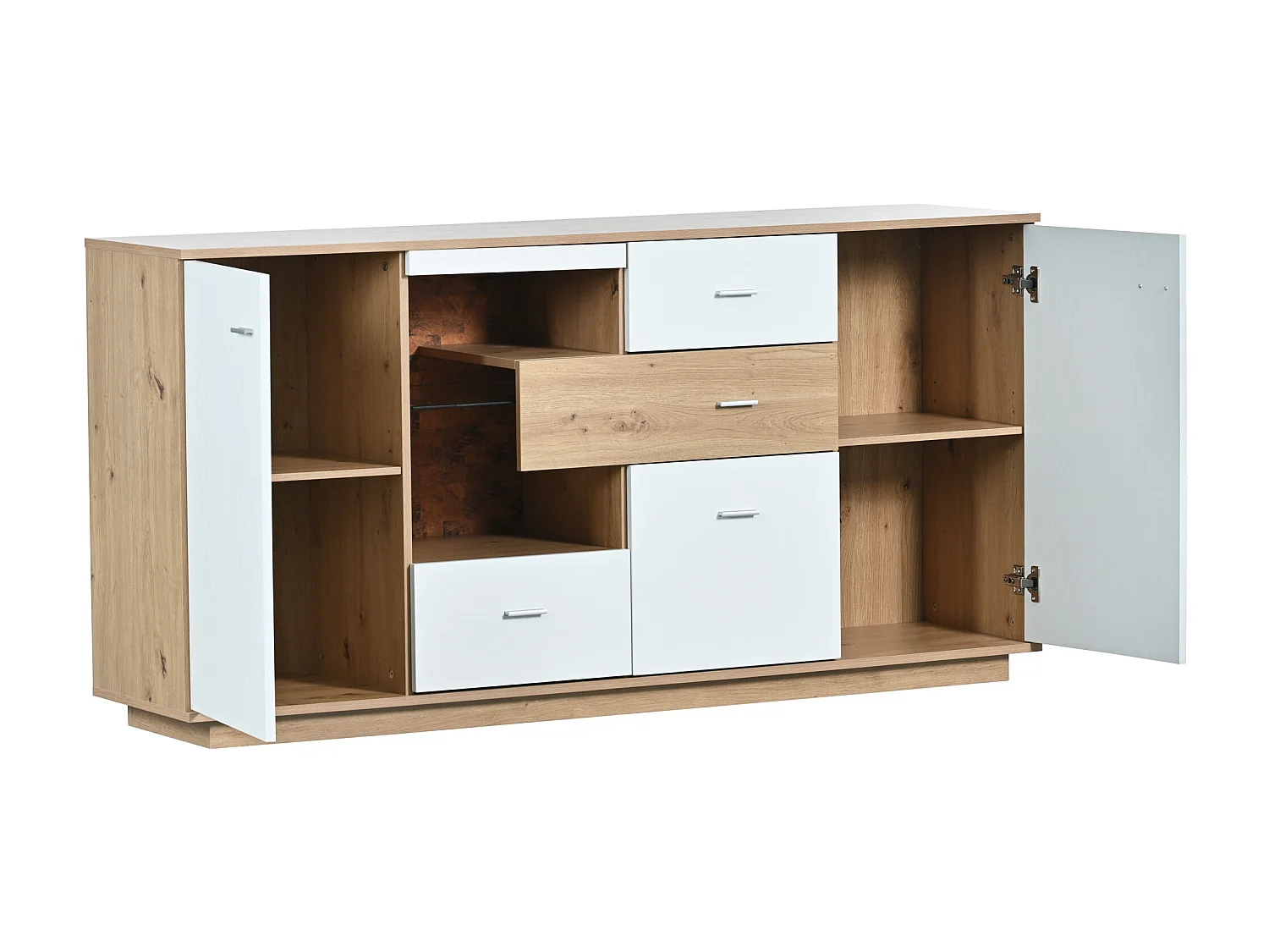 Aparador con 2 puertas y 4 cajones - estante de cristal - LEDs - colores: blanco y roble - 160x40x77cm