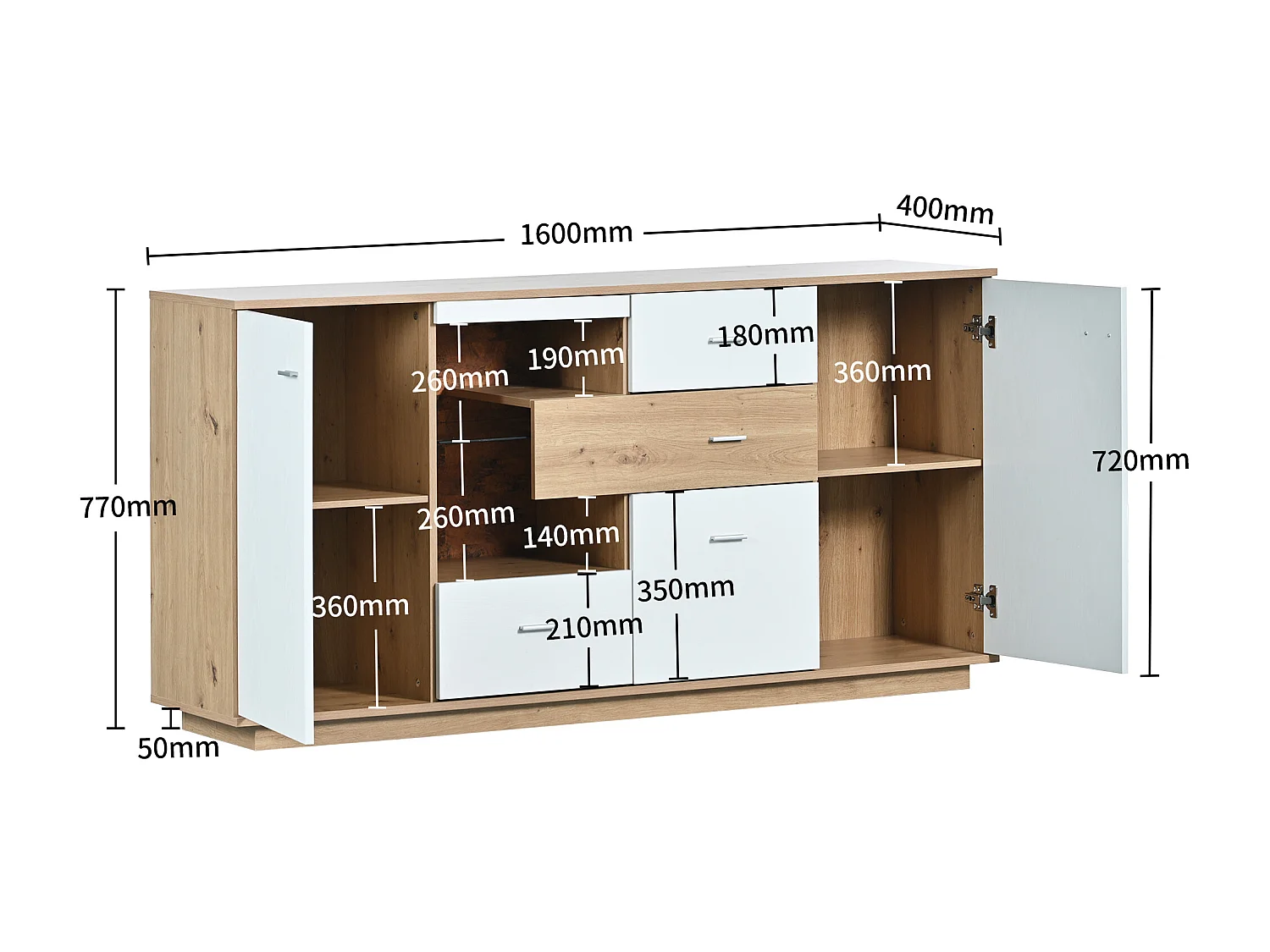 Aparador con 2 puertas y 4 cajones - estante de cristal - LEDs - colores: blanco y roble - 160x40x77cm