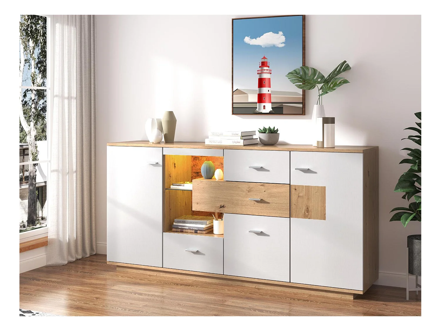 Buffet avec 2 portes et 4 tiroirs - étagère en verre - LEDs - coloris: blanc et chêne - 160x40x77cm