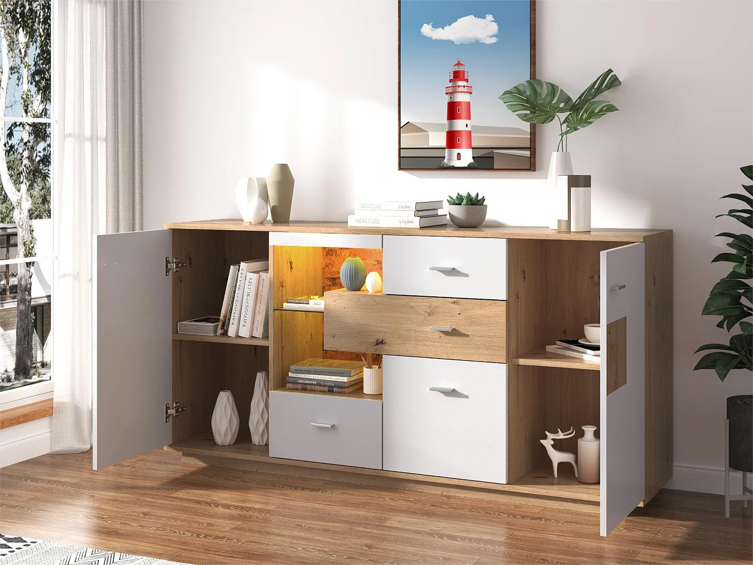 Buffet avec 2 portes et 4 tiroirs - étagère en verre - LEDs - coloris: blanc et chêne - 160x40x77cm