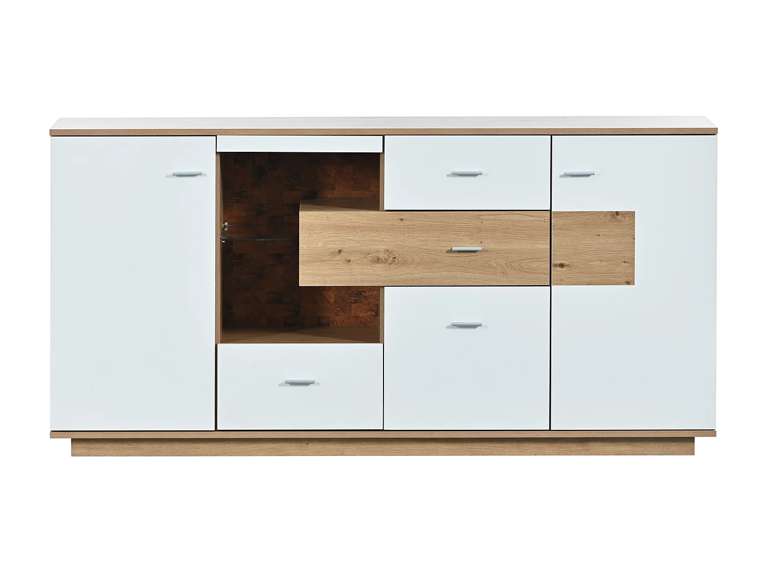 Buffet avec 2 portes et 4 tiroirs - étagère en verre - LEDs - coloris: blanc et chêne - 160x40x77cm