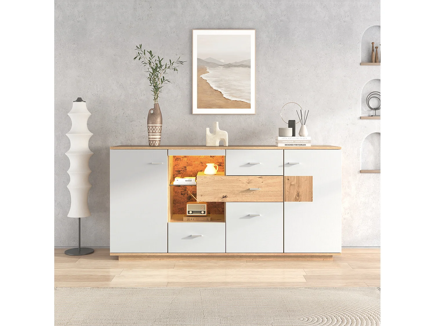 Buffet avec 2 portes et 4 tiroirs - étagère en verre - LEDs - coloris: blanc et chêne - 160x40x77cm