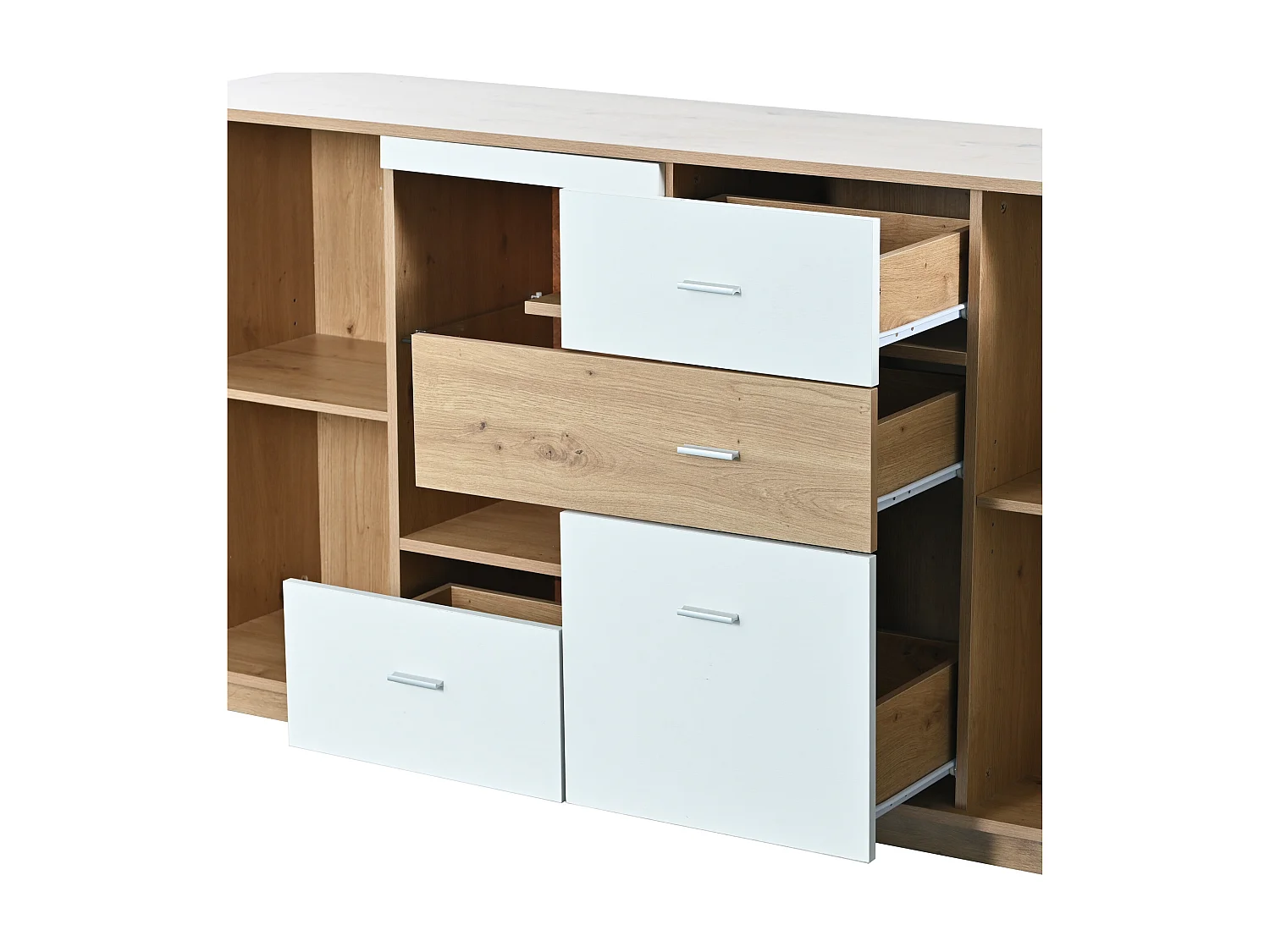 Buffet avec 2 portes et 4 tiroirs - étagère en verre - LEDs - coloris: blanc et chêne - 160x40x77cm