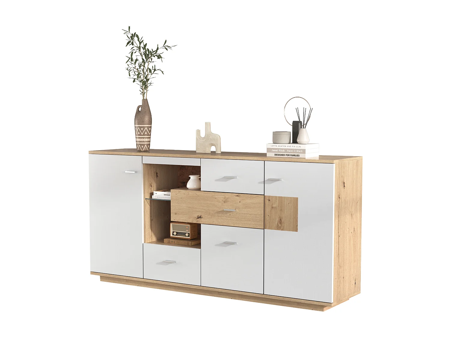 Buffet avec 2 portes et 4 tiroirs - étagère en verre - LEDs - coloris: blanc et chêne - 160x40x77cm