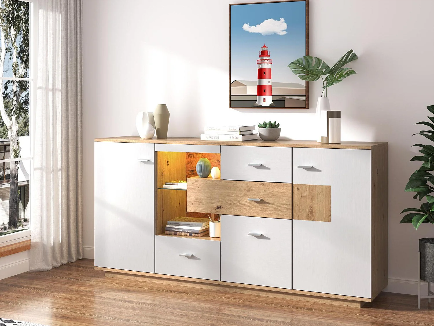 Aparador com 2 portas e 4 gavetas - prateleira de vidro - LEDs - cores: branco e carvalho - 160x40x77cm