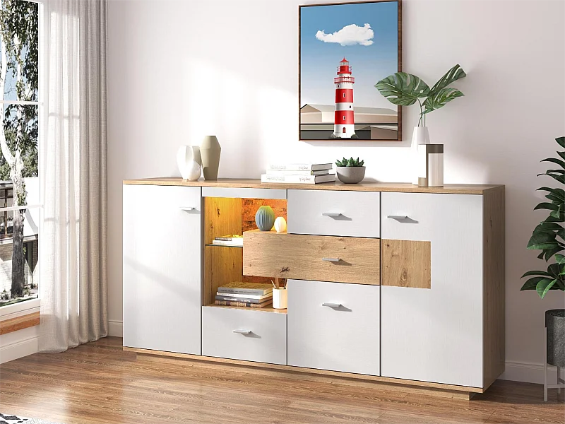 Sideboard mit 2 Türen und 4 Schubladen – Glasregal – LEDs – Farben: Weiß und Eiche – 160 x 40 x 77 cm