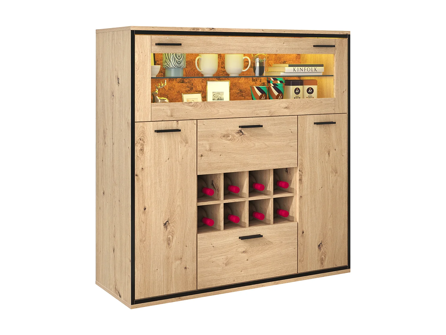 Dressoir met 3 deuren 2 lades & flessenhouders - glazen planken - houteffect - kleuren: eiken en zwart