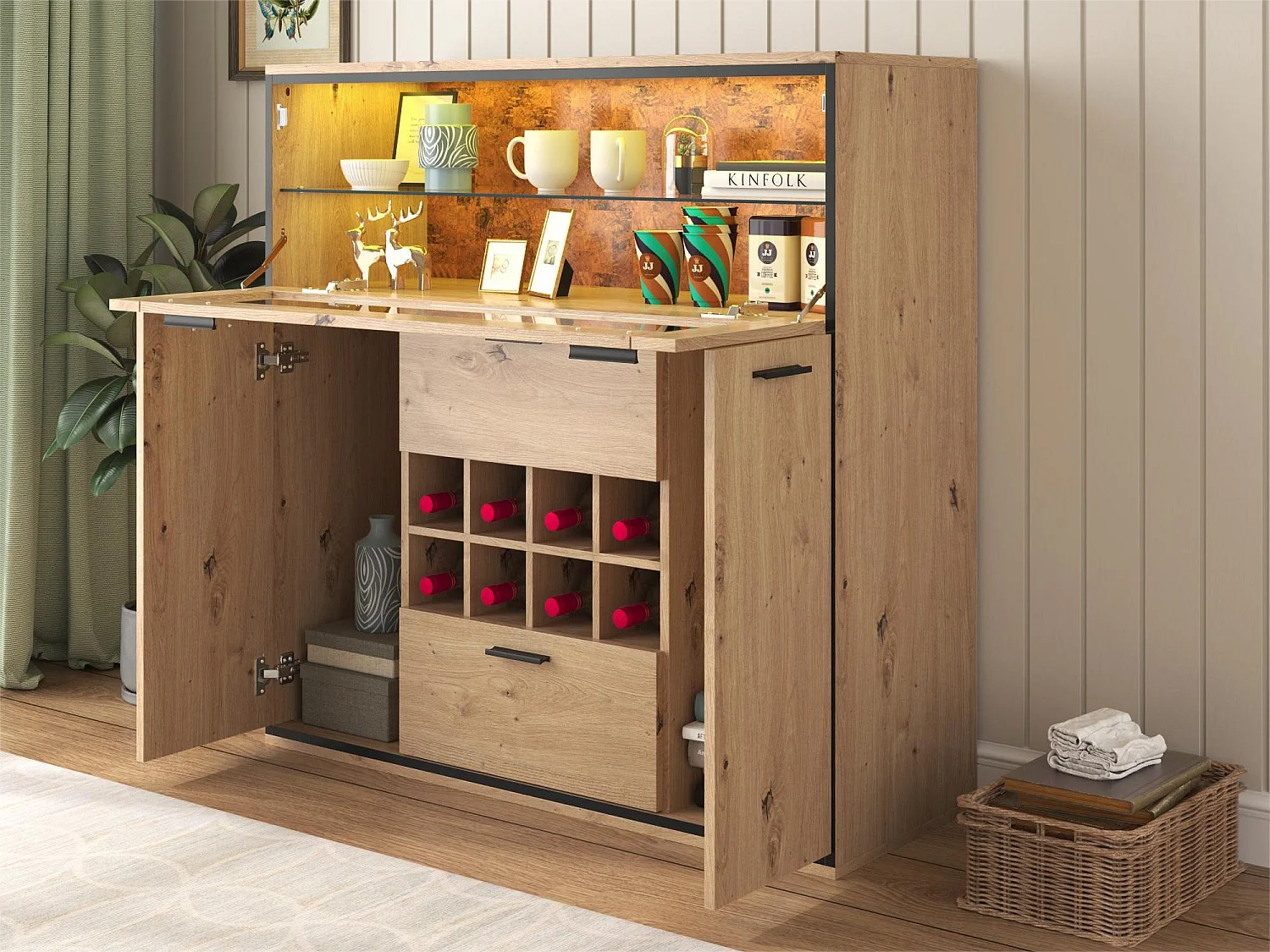 Dressoir met 3 deuren 2 lades & flessenhouders - glazen planken - houteffect - kleuren: eiken en zwart