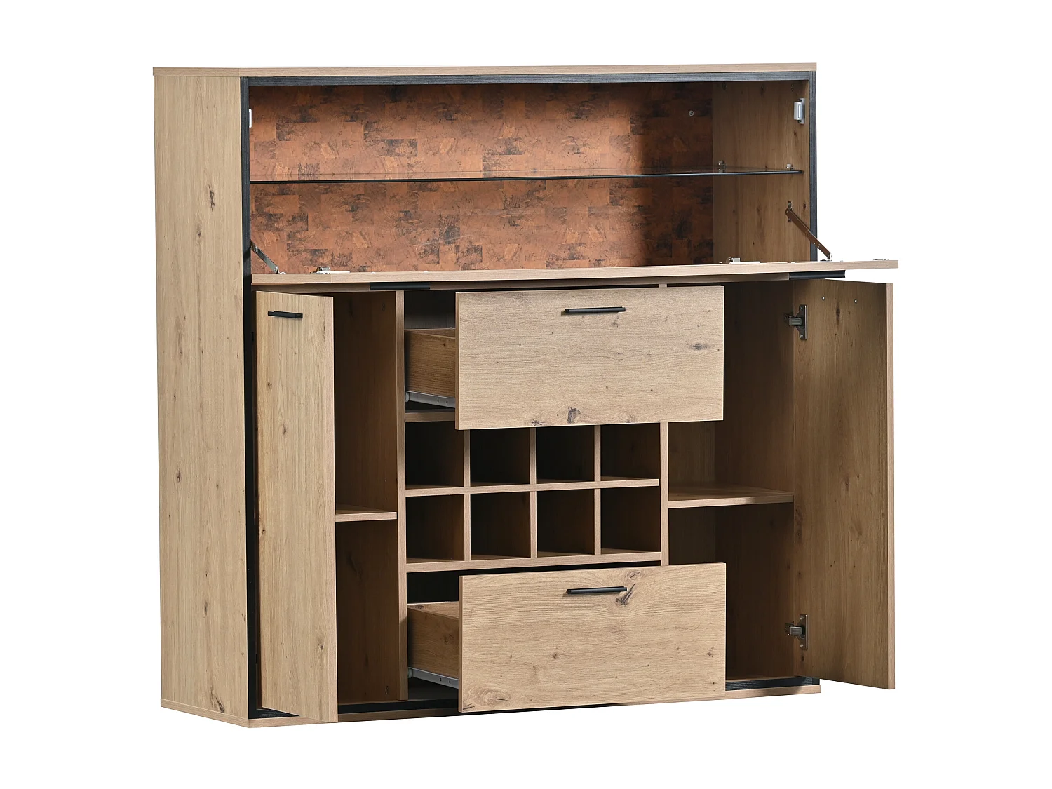 Dressoir met 3 deuren 2 lades & flessenhouders - glazen planken - houteffect - kleuren: eiken en zwart