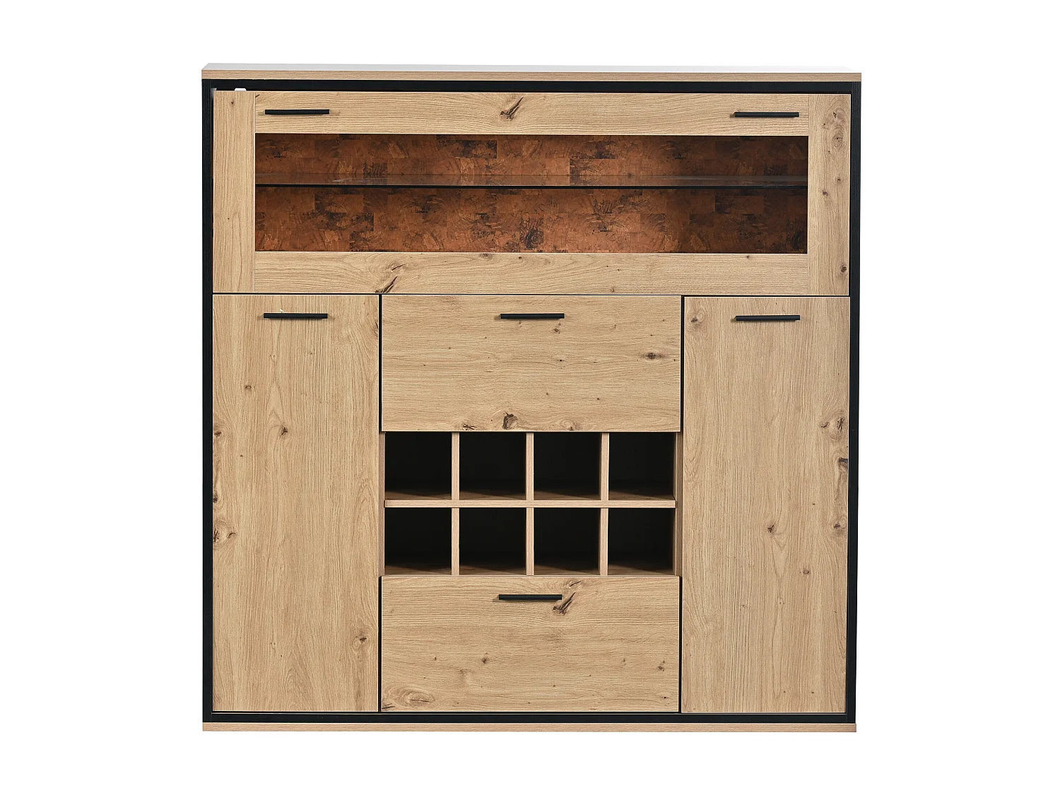 Dressoir met 3 deuren 2 lades & flessenhouders - glazen planken - houteffect - kleuren: eiken en zwart