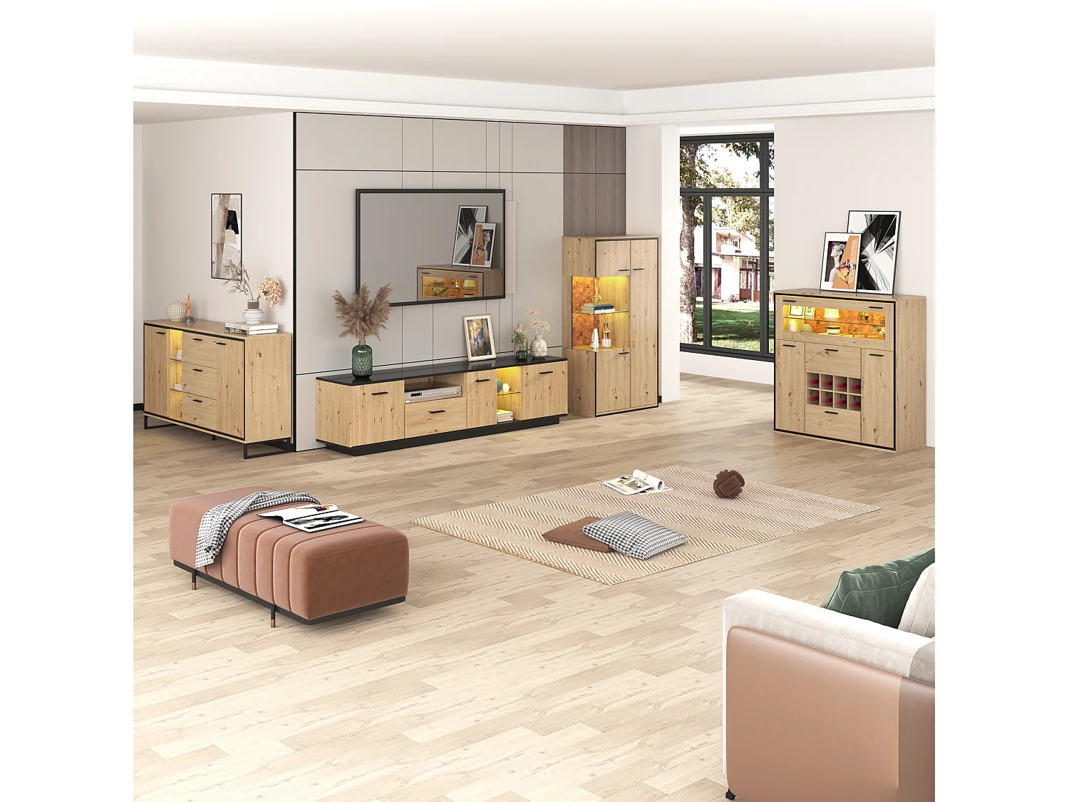 Dressoir met 3 deuren 2 lades & flessenhouders - glazen planken - houteffect - kleuren: eiken en zwart