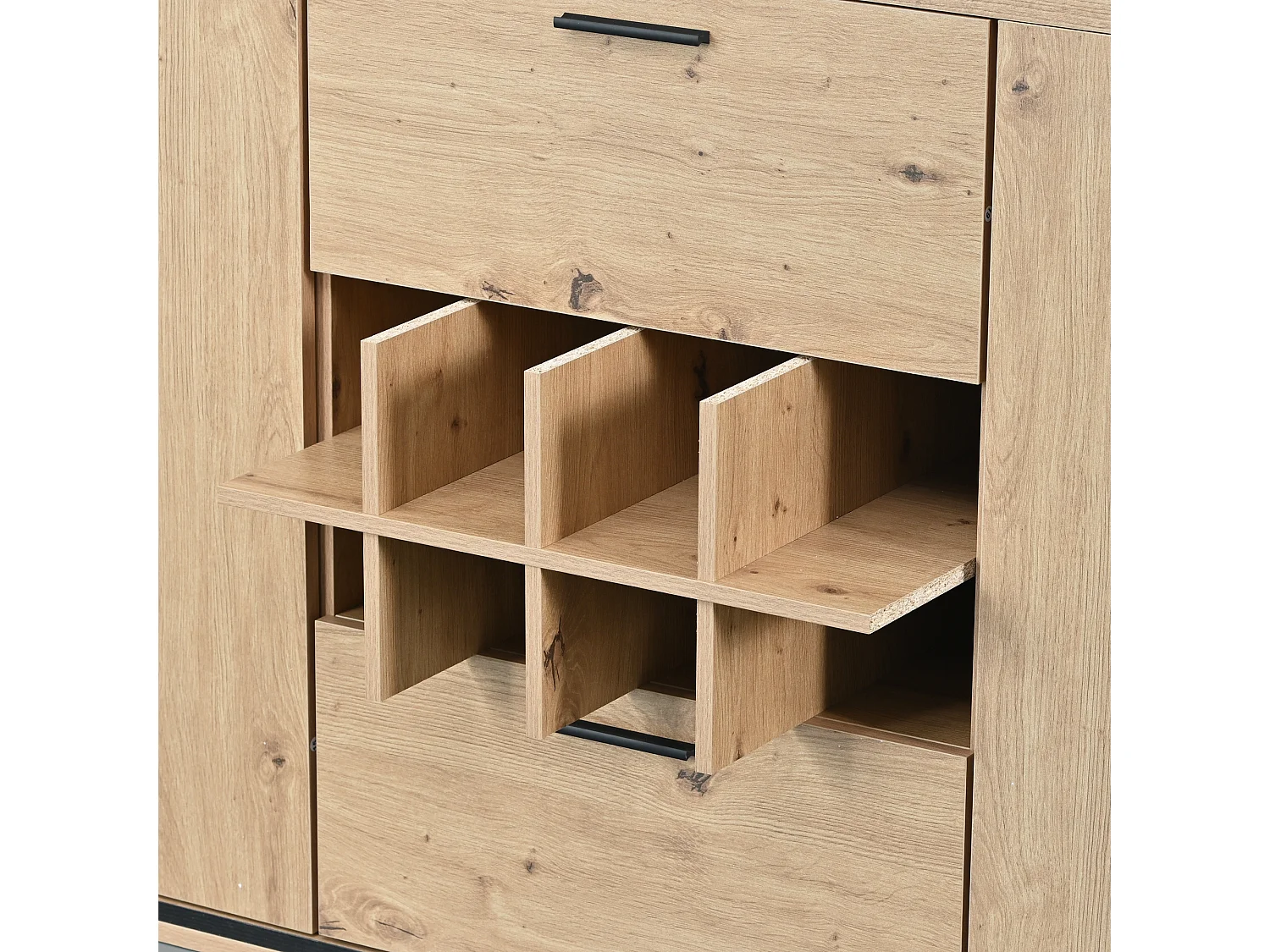 Dressoir met 3 deuren 2 lades & flessenhouders - glazen planken - houteffect - kleuren: eiken en zwart