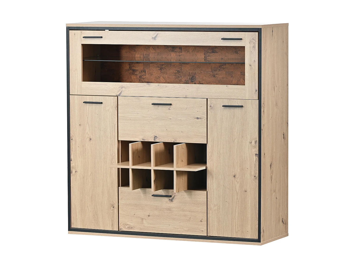 Dressoir met 3 deuren 2 lades & flessenhouders - glazen planken - houteffect - kleuren: eiken en zwart