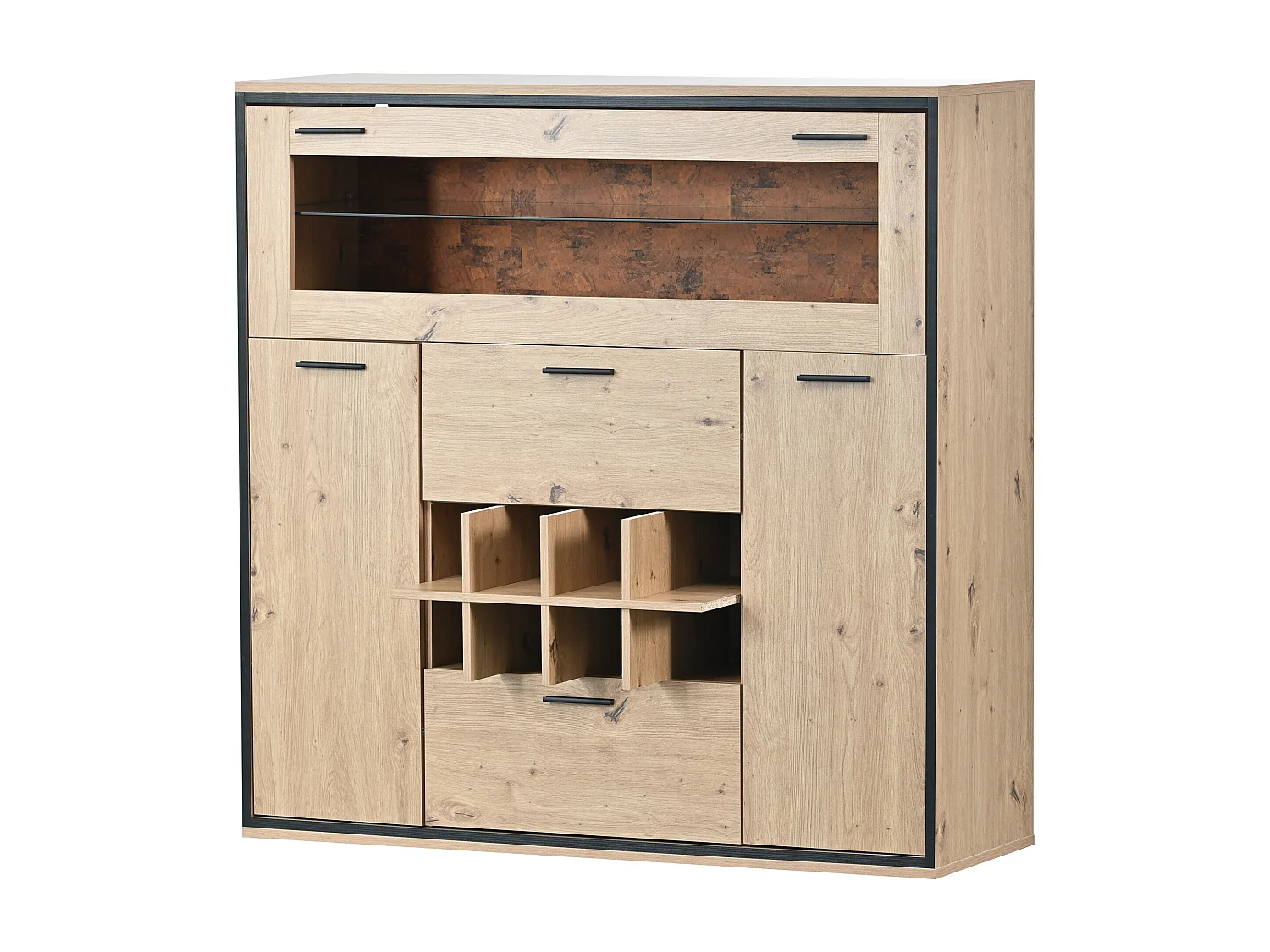 Komoda z 3 drzwiami, 2 szufladami i półką na butelki - szklane półki - imitacja drewna - kolory: dąb i czarny